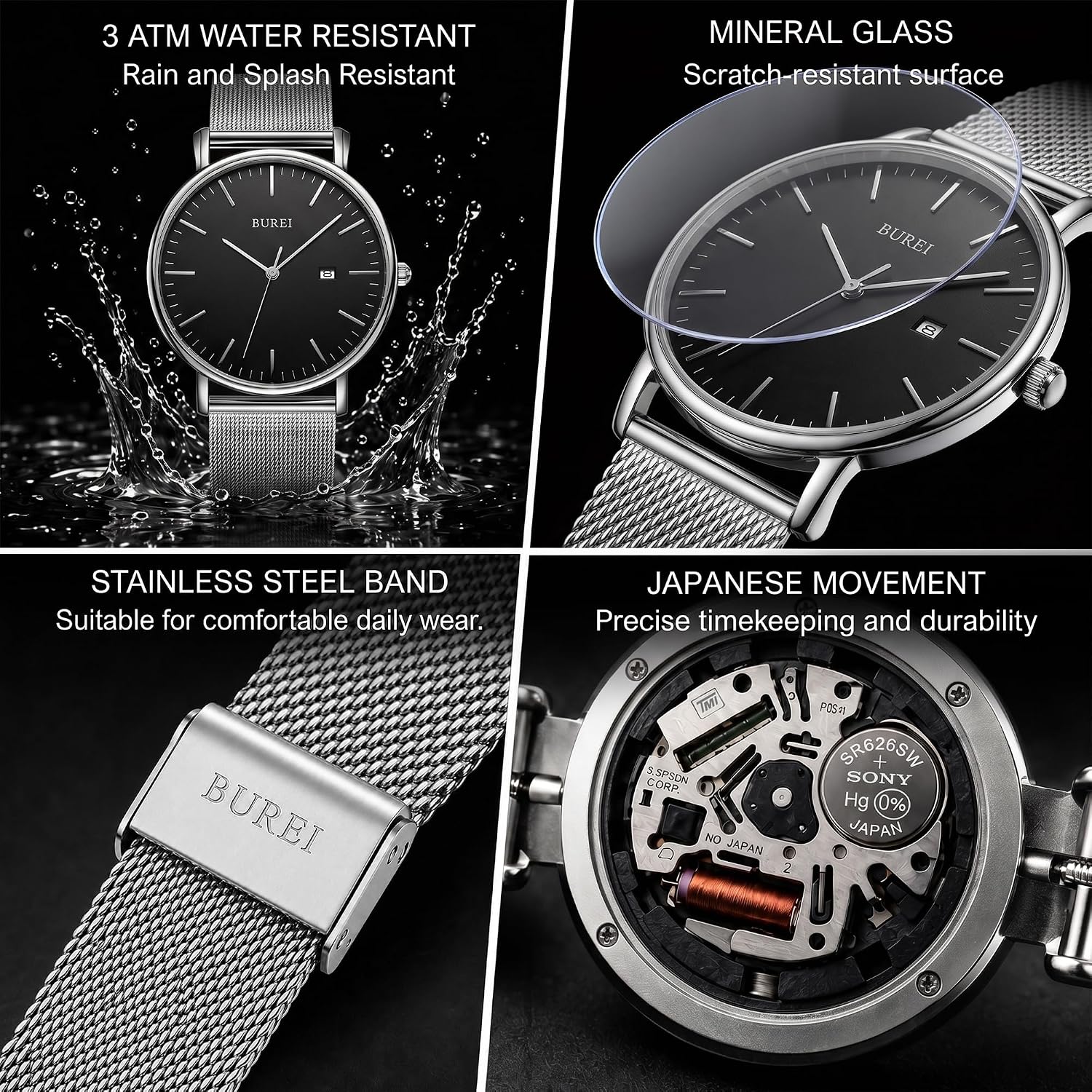BUREI Men Wrist Watches Fashion Minimalist Thin Analog Quartz Waterproof Watches for Men, Refined Gifts for Men, Boyfriend, Husband, Dad