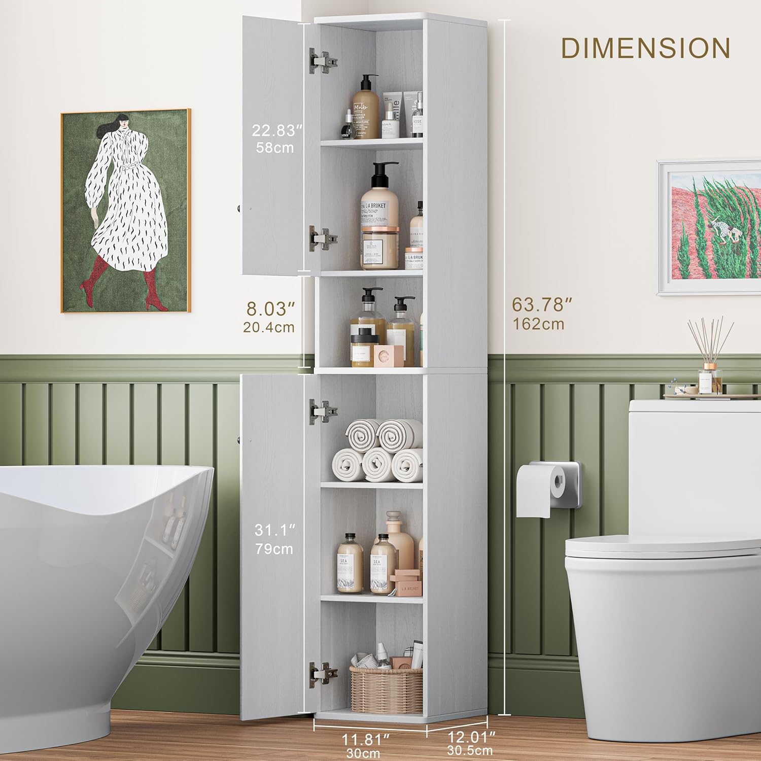 64" Narrow Bathroom Storage Cabinet with Adjustable Shelves and Drawer | 6-Tier Tall Slim Storage Cabinet, Anti-Tip Kit Included