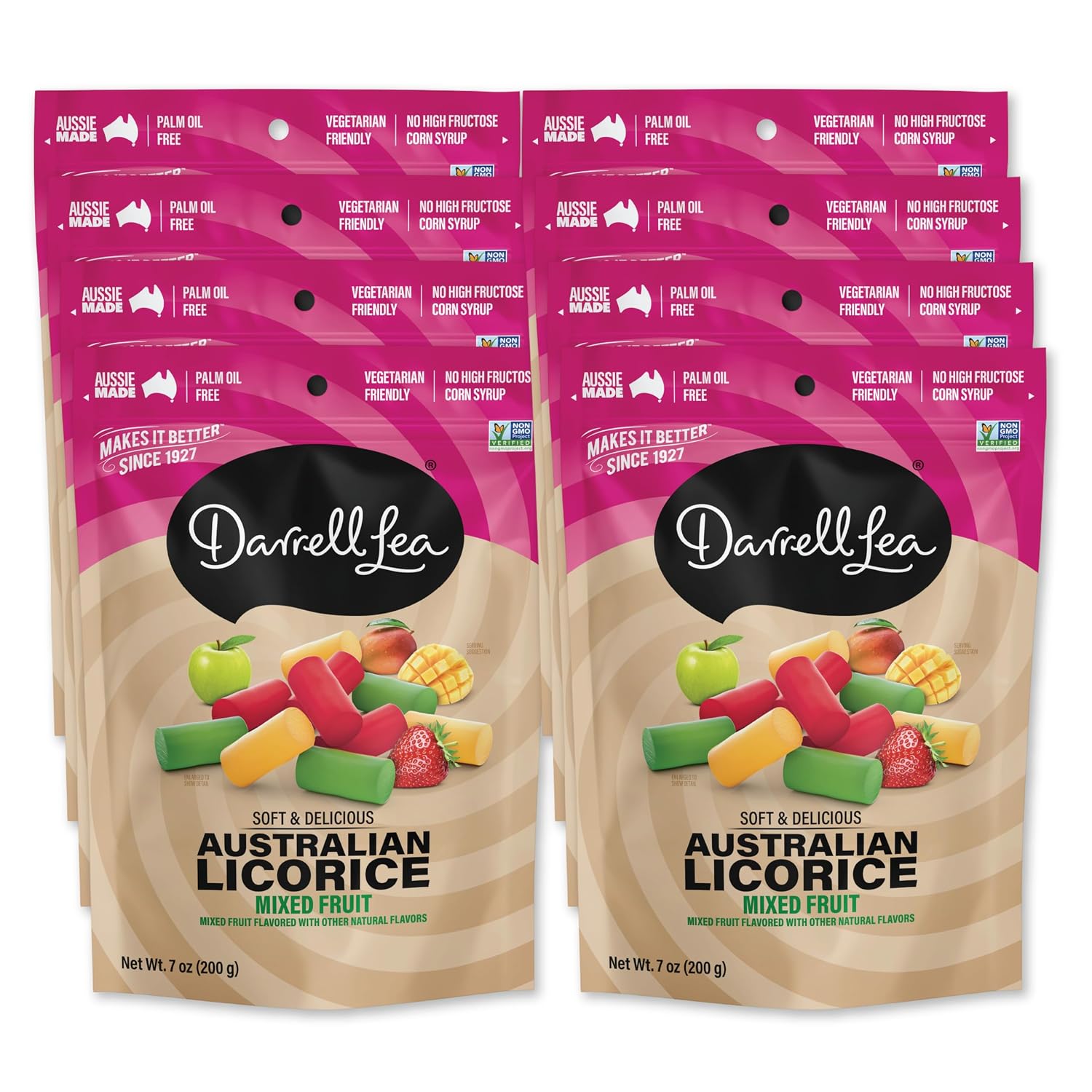 Darrell Lea Soft Australian Licorice, Non-GMO, No Palm Oil, Vegetarian Friendly, No High Fructose Corn Syrup, Soft & Chewy Licorice Candy, Made in Australia (Strawberry, 7 Ounce (Pack of 1))