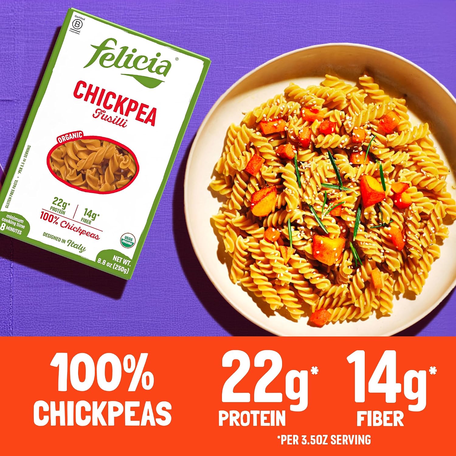Felicia Chickpea Fusilli Gluten Free Pasta, 22G Protein, 8.8 Oz, 6 Pack | Organic, High Fiber, 14G Fiber, Made from 100% Chickpeas, Plant Based