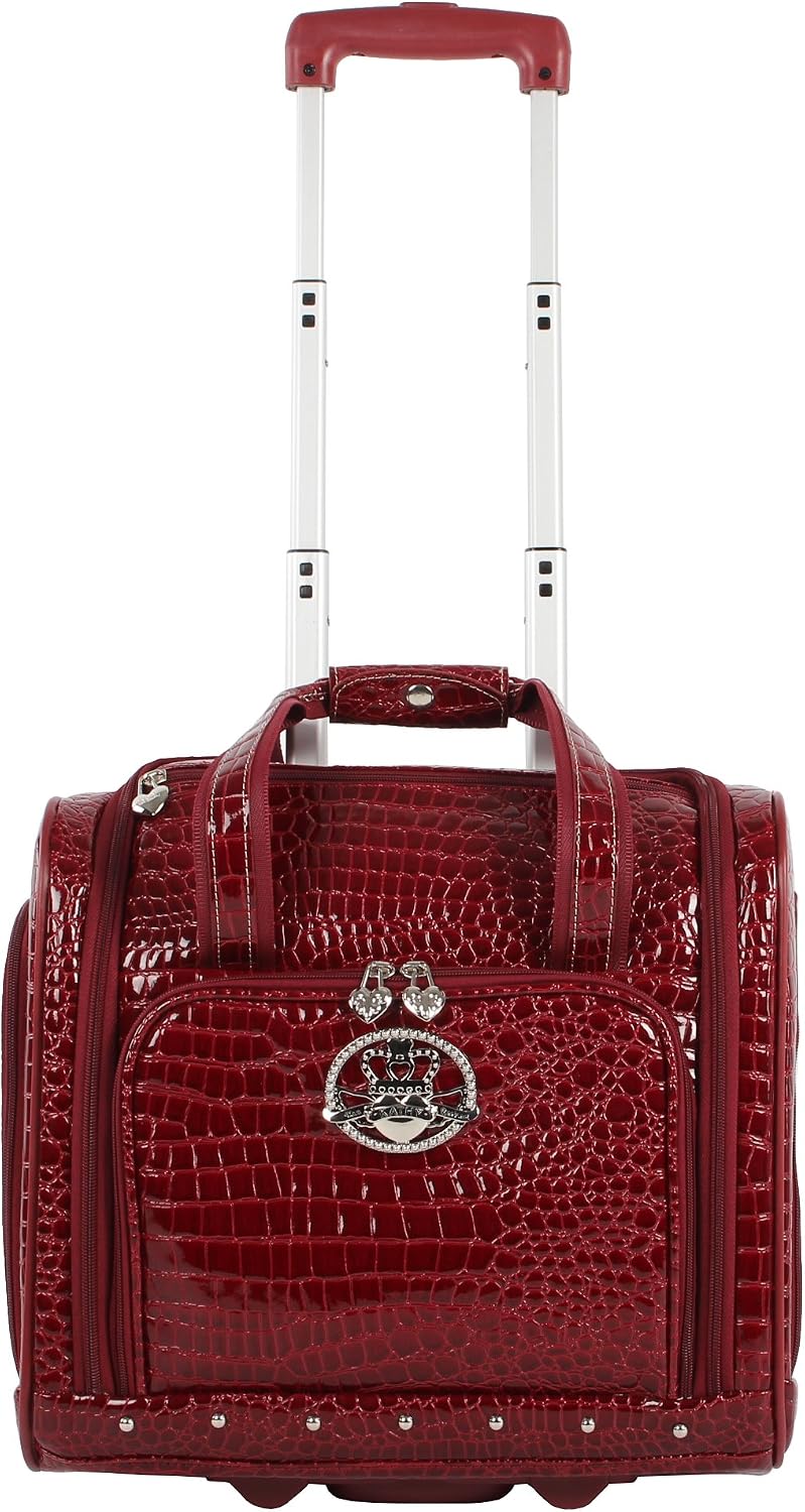 Kathy Van Zeeland Croco PVC Designer Underseat Luggage - 15 Inch Carry On Suitcase for Women- Lightweight Under Seat Bag with 2-Rolling Spinner Wheels (Burgundy)