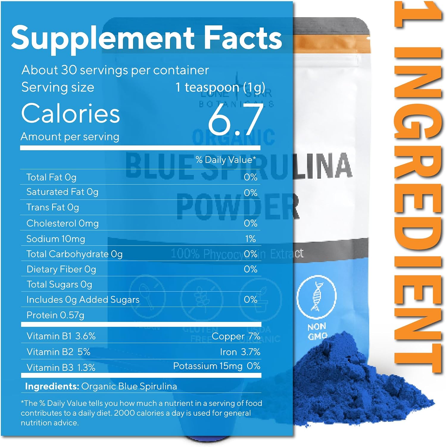 Lone Star Botanicals Organic Blue Spirulina Powder - 100% Pure Blue-Green Algae, No Fishy Smell, Vegan Superfood for Smoothies & Drinks, Non GMO
