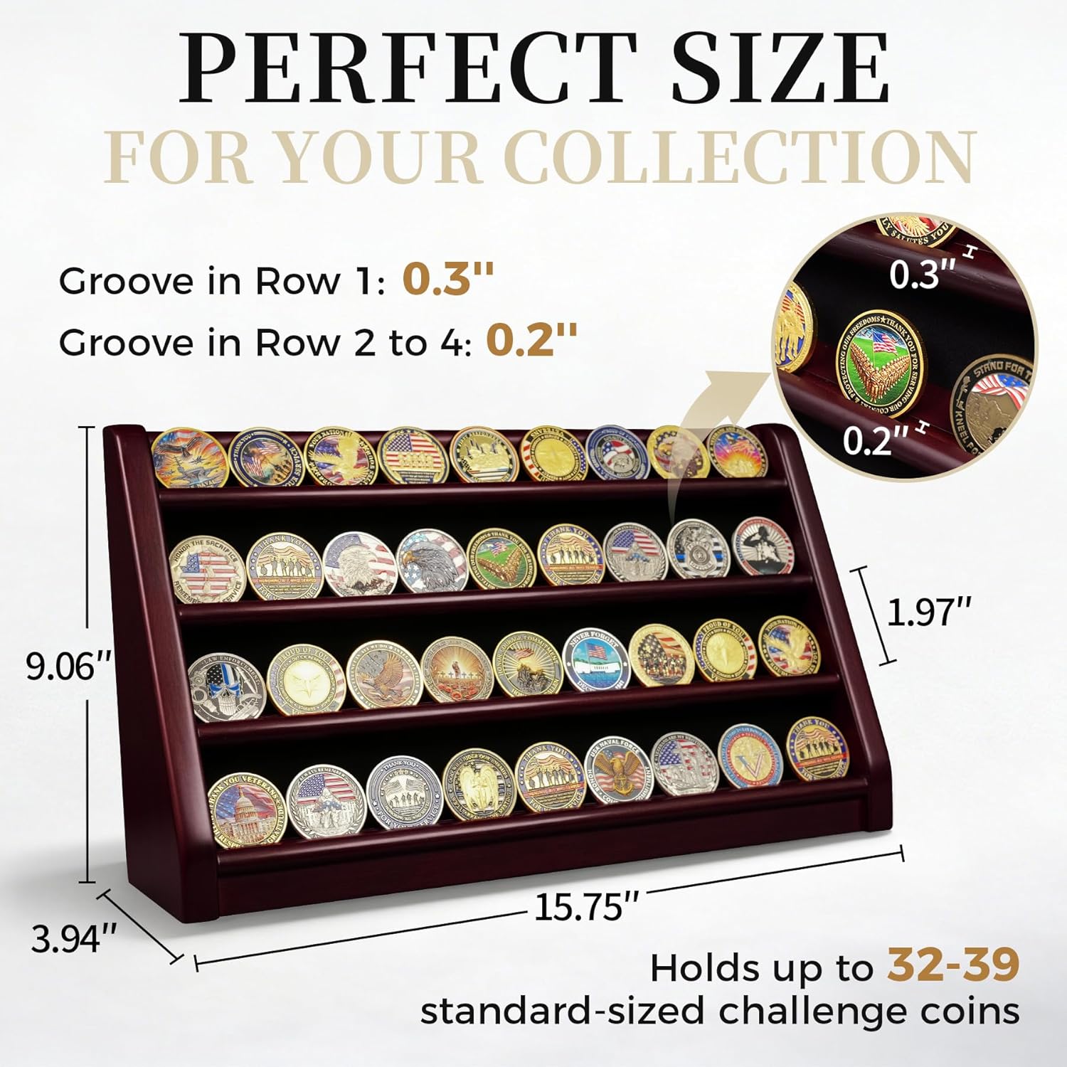 ASmileIndeep 3 Rows Wooden Challenge Coin Wall Display Stand - Military Coin Holder Army Coins Rack, Holds 21-24 Coins, Mahogany