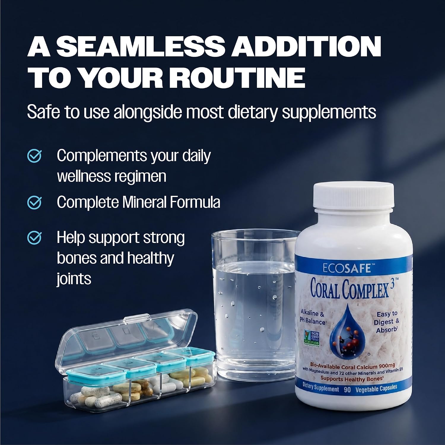 Coral Complex 3 Calcium Supplement Vitamin D3 & Magnesium – 900 mg Bioavailable Coral Calcium for Bone Strength, Joint Support & pH Balance – Trace Minerals, Non-GMO, 300 Veg Capsules