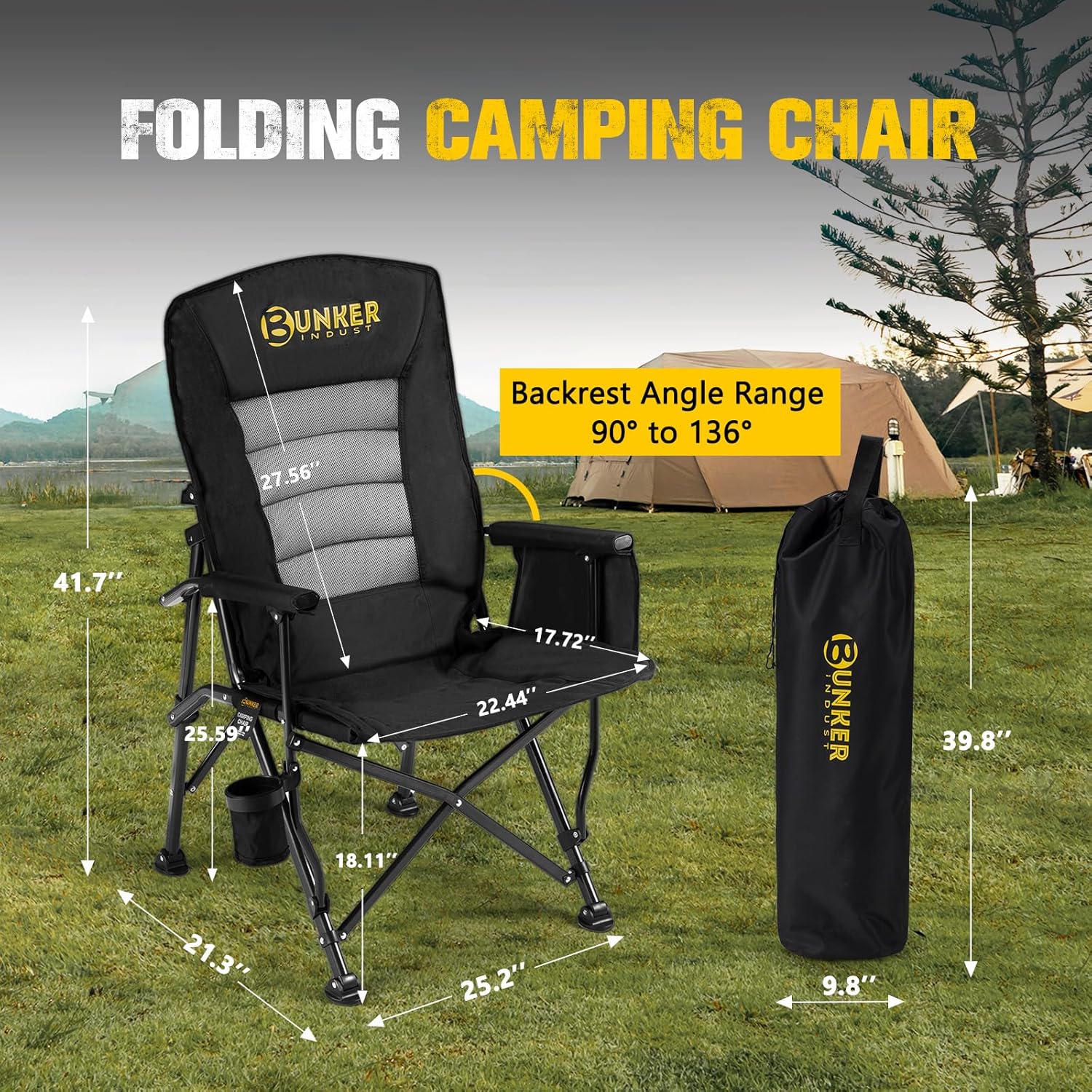 BUNKER INDUST Folding Camping Chair, Oversized with Padded Cushion, Outdoor Chair with Cup Holder Storage Pockets