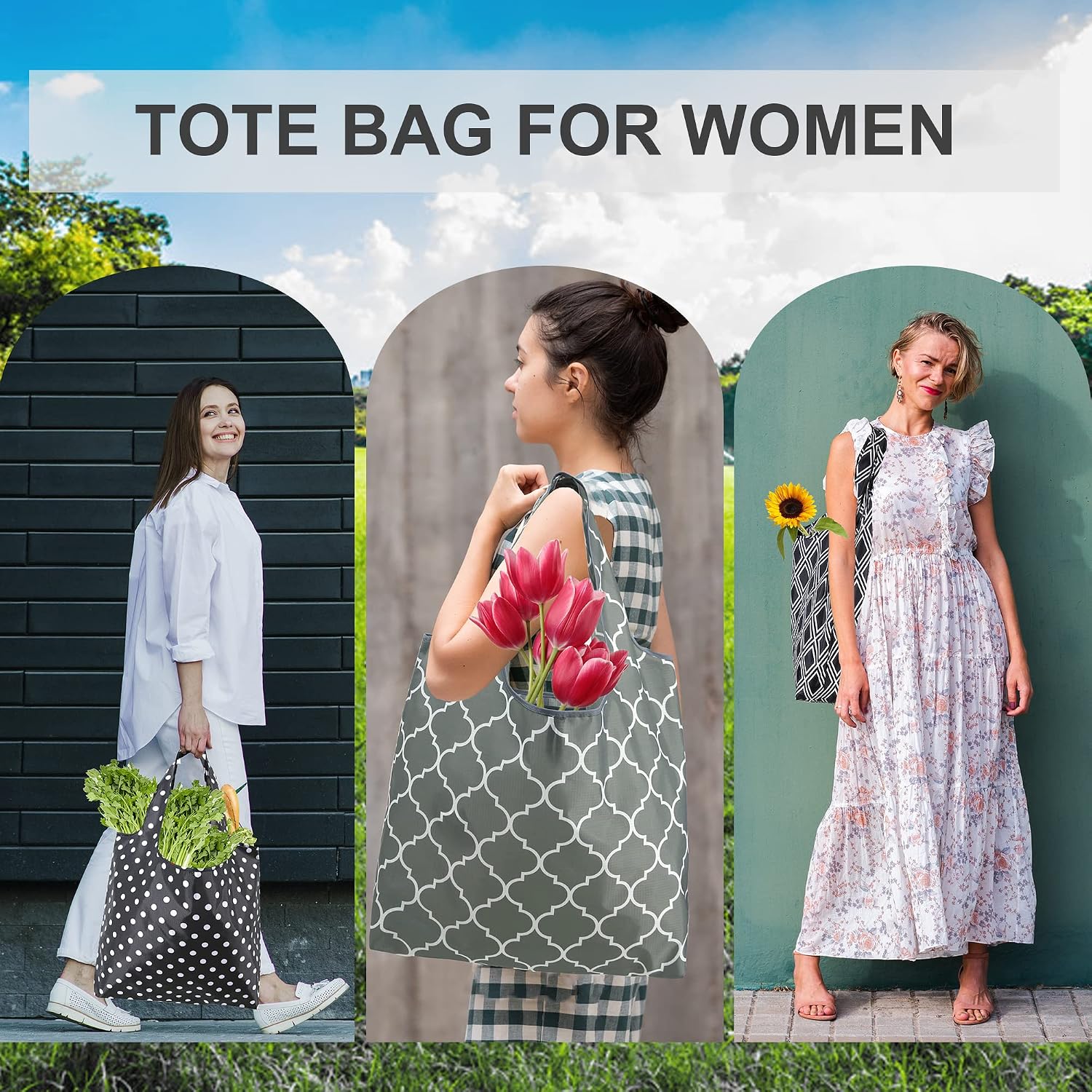 BeeGreen Grocery Bags | Reusable Gift Bags, Large Tote for Women & Foldable Beach Bag - 6 Pack Reusable Bag With Handles | Collapsible Cute Cloth Storage for Market, Holiday & Shopping | Washable​