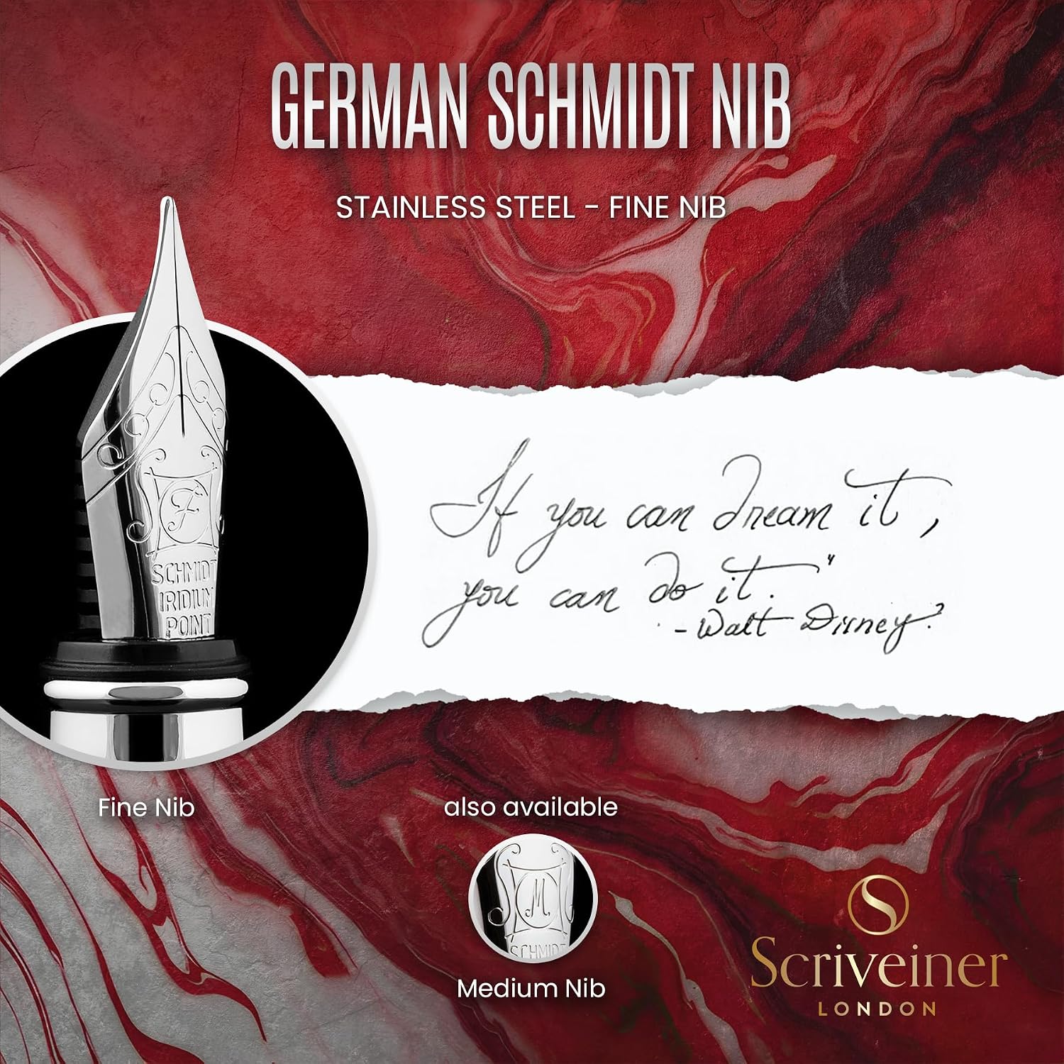 Scriveiner Silver Chrome Fountain Pen - Stunning Luxury Pen, Real Gold Finish Schmidt Gilded Nib (Medium), Best Pen Gift Set for Men & Women