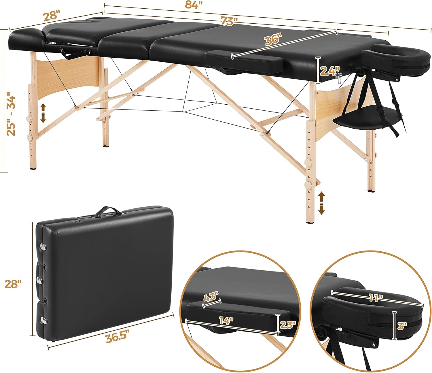 Yaheetech Massage Table Portable Height Adjustable Lash Bed 28in Wide Black