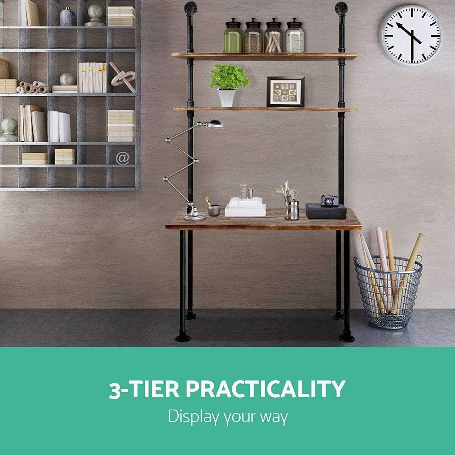 Industrial Pipe Desk with 3 Tier Shelves, Rustic Solid Wood Writing Workstation, Sturdy Metal Frame for Home Office Study Living Room Decor(40" L)