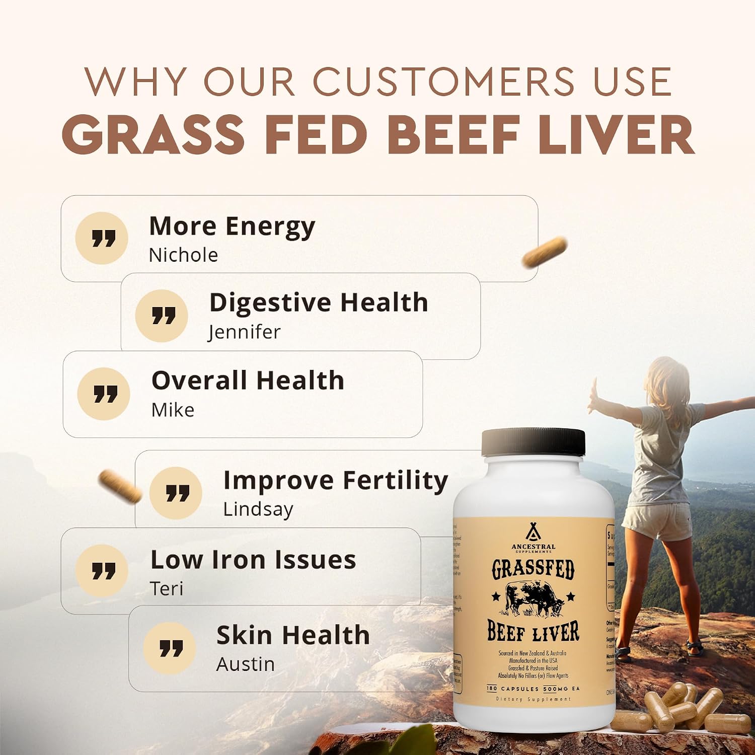 Ancestral Supplements Beef Liver Support Capsules, Iron & Energy, 180 Ct | Freeze-dried, Non-GMO Liver Rich in Heme Iron, Vitamin A & B12; Grass-fed, Desiccated, Vital Liver Support, Natural Liver