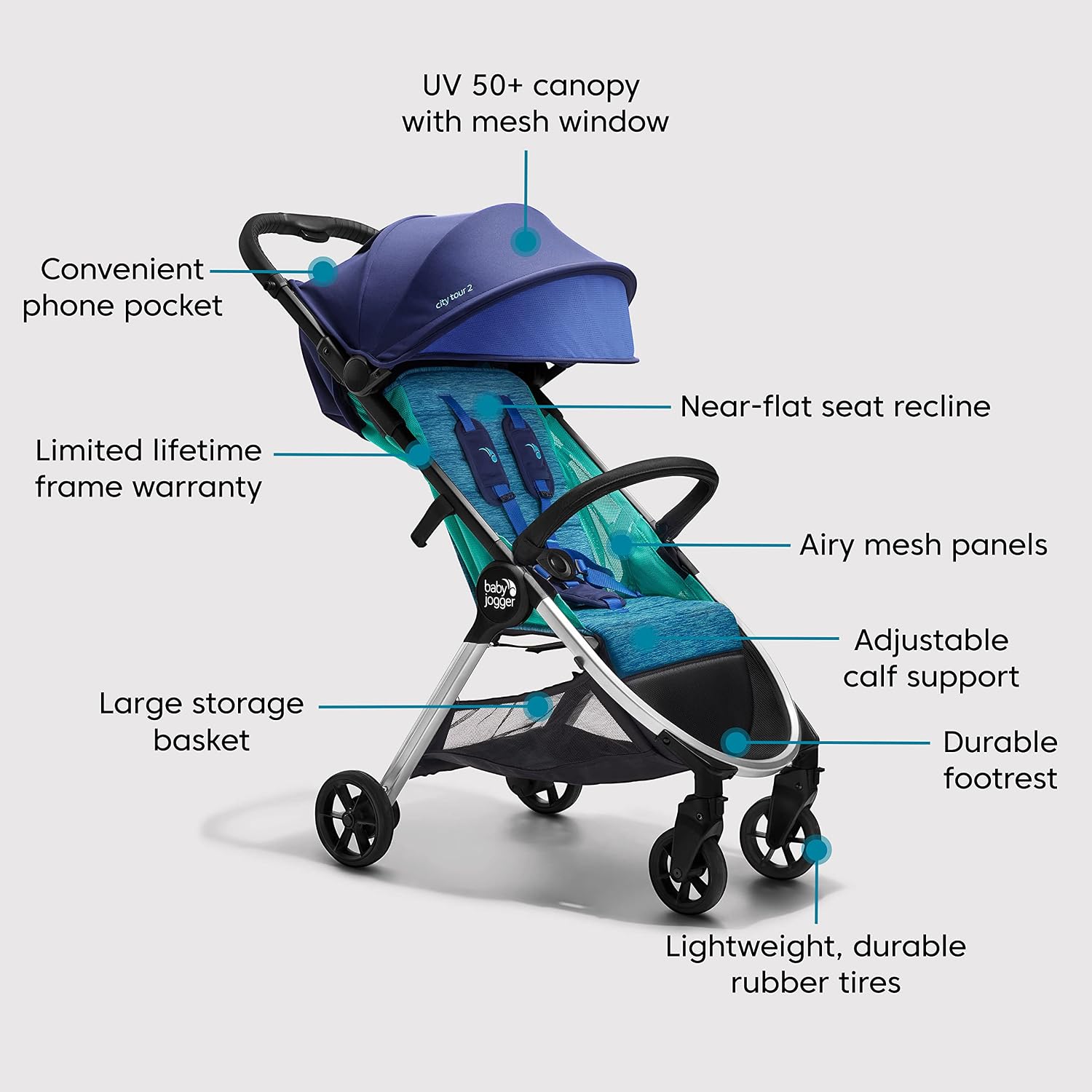 Baby Jogger® City Tour 2 Carry-On Approved Travel Stroller, Ultra-Compact Baby Stroller, Lightweight, Easy Fold, Baby Travel Essential, Pitch Black