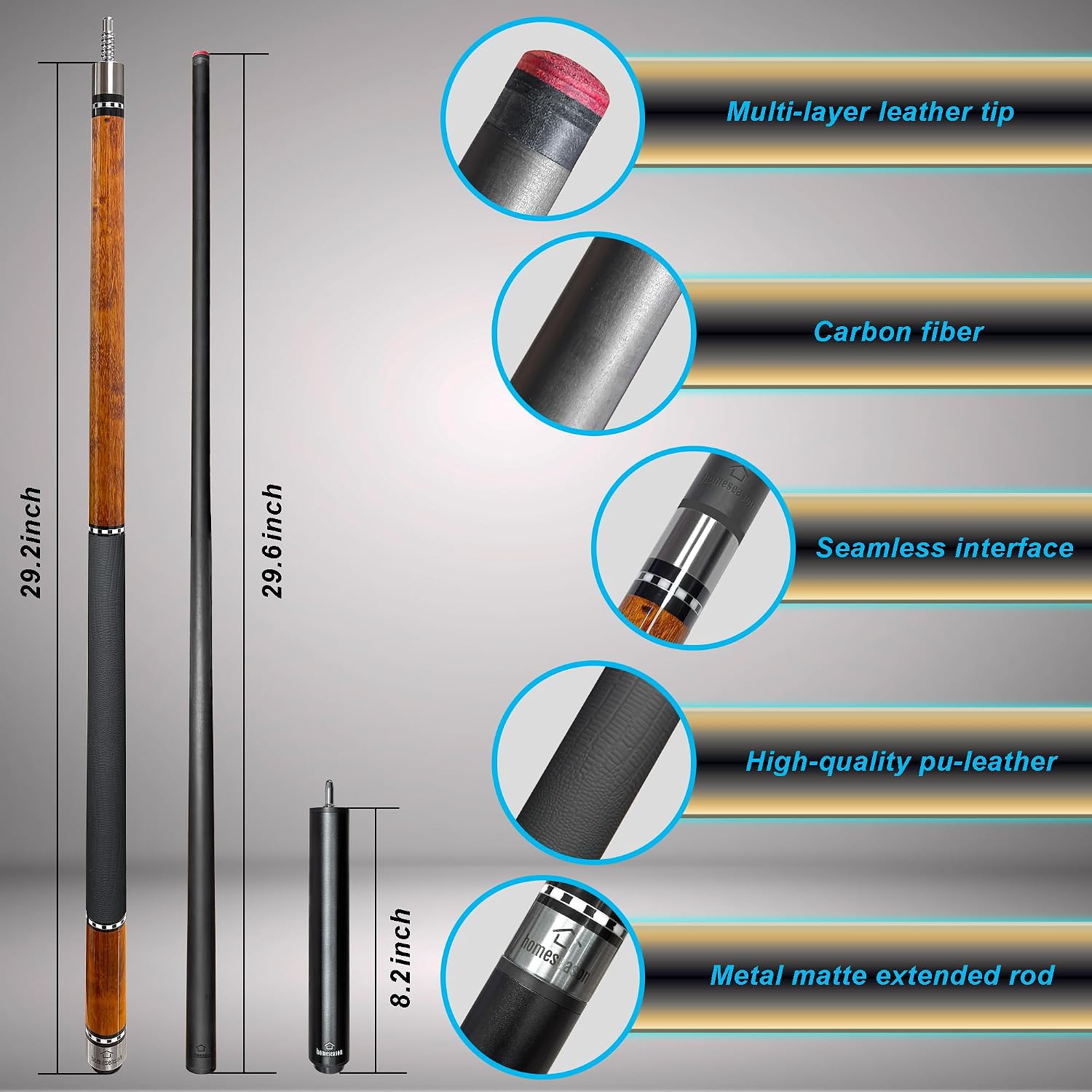 HomeSeason 58inch Carbon Fiber Pool Cue Stick with Screw-in Extension and Leather Case, 18oz Low Deflection Professional Cue Stick for Billiards, 13mm Tip