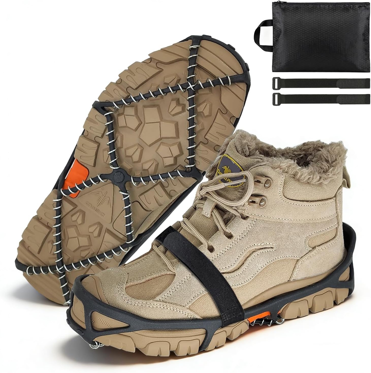 Anti-Slip Ice Cleats, Snow Grips, Crampons for Walking on Ice Snow | Ultra lightweight, Crack resistant High elasticity, for Hiking Fishing Running, with Storage Bag and 2 Straps