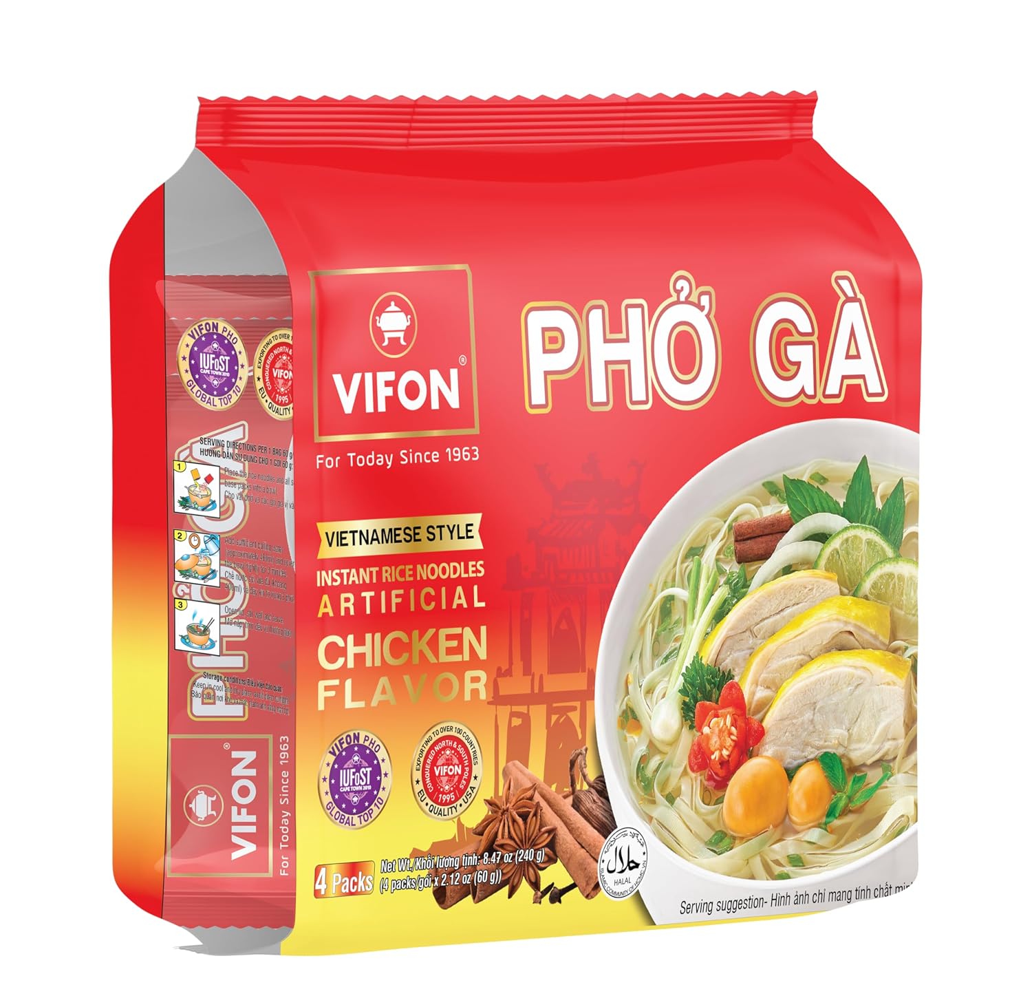 VIFON Phở Bò Vietnamese Style Instant Rice Noodles, 2.11 oz (Pack of 24) | Halal Certified | Authentic Vietnamese Phở | Ready in 3 Minutes