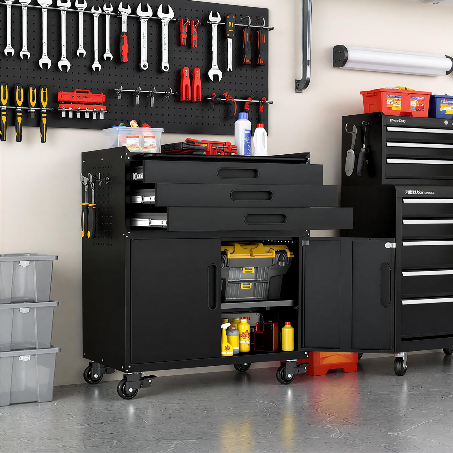 Garage Cabinets,Metal Garage Storage Cabinet with Wheels,Black Lockable Rolling Tool Cabinet with Drawer and Adjustable Shelves,Heavy Duty Tool Chest for Home Office Utility Room