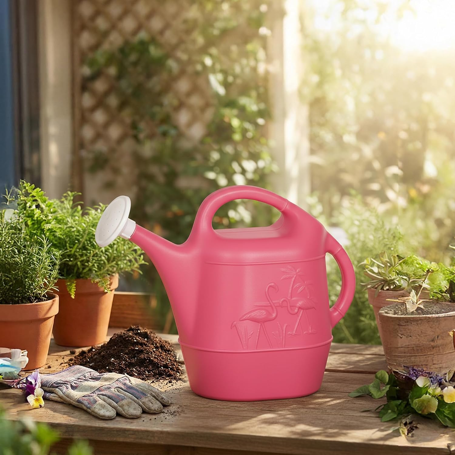 Union Products 63066 2 Gallon Plastic Indoor/Outdoor Watering Can w/Tulip Design for Garden, Potted Plants, & Patio Pots, Caribbean Blue