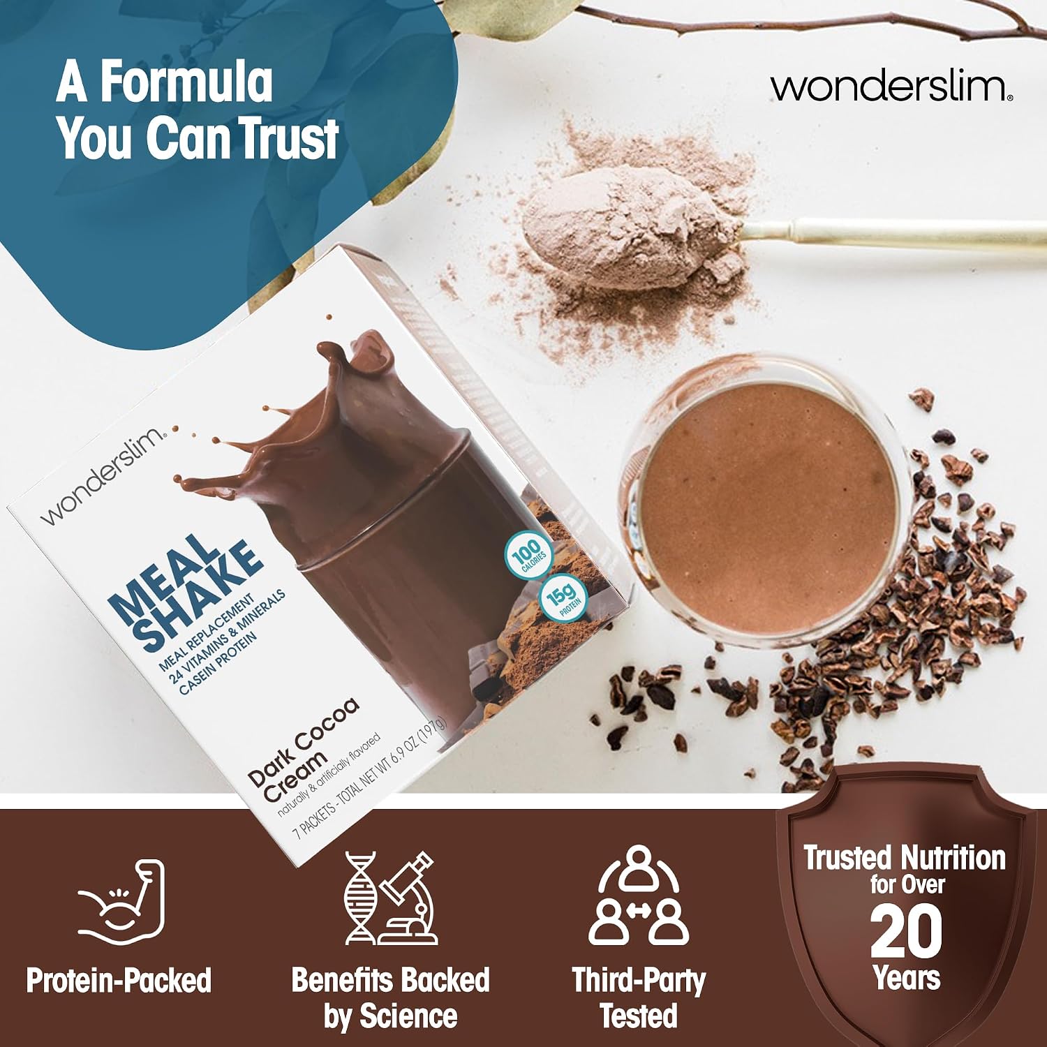WonderSlim Protein Meal Replacement Shake – 15g Protein, 24 Vitamins & Minerals, Low Carb, Low Calorie, Gluten Free – Meal Replacement Drink for Weight Management, 7 Count Packets (Dark Cocoa Cream)