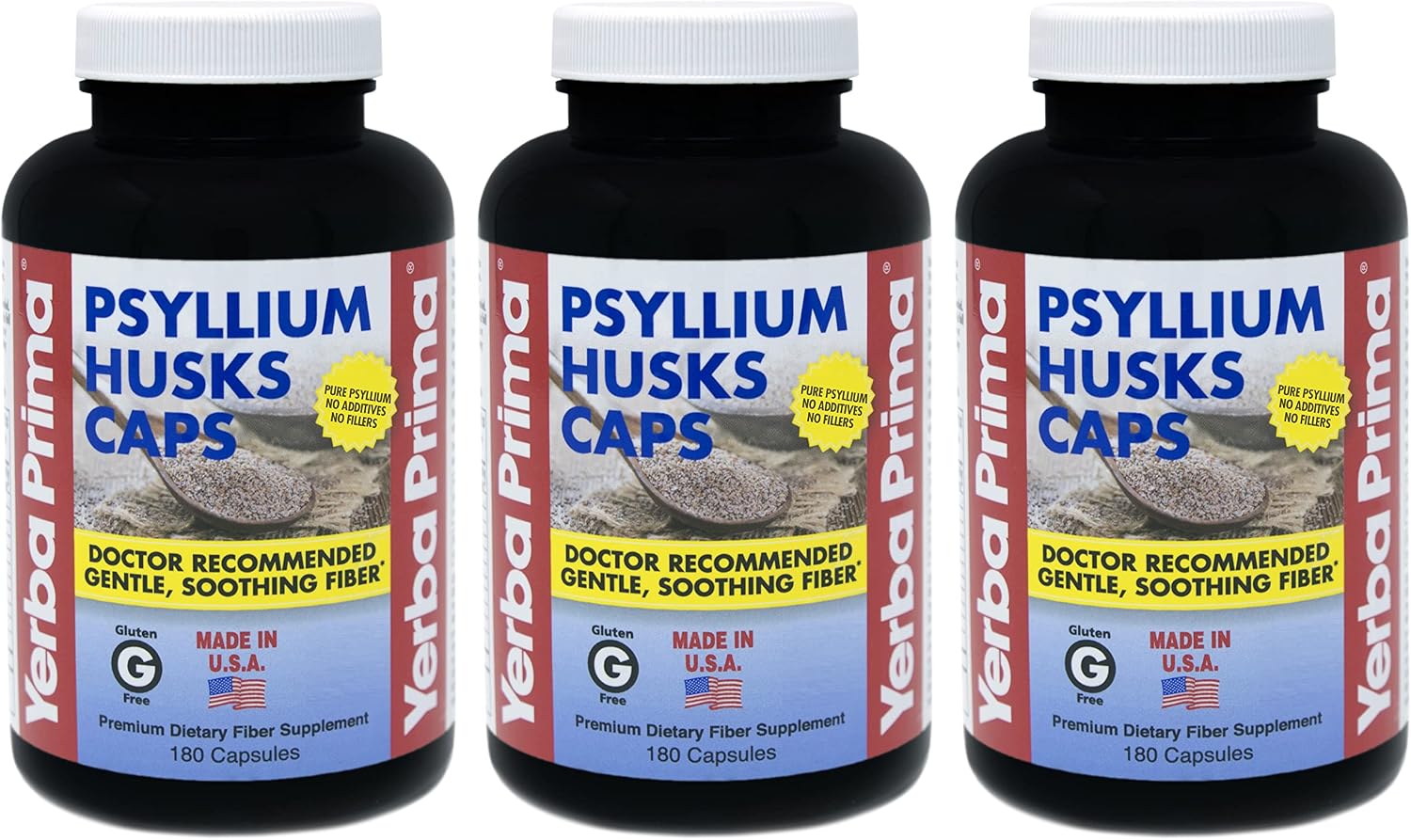 Yerba Prima Psyllium Husk Caps - 180 Capsules (Pack of 2) - Easy to Swallow Fiber Supplement - Colon Cleanse - Gut Health - Non-GMO Gluten Free