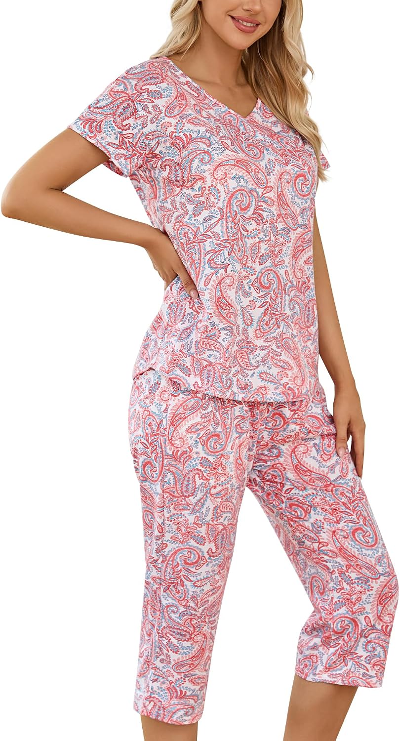 ENJOYNIGHT Womens Pajama Set Cotton Summer Pj Top with Capri Pant Sleepwear
