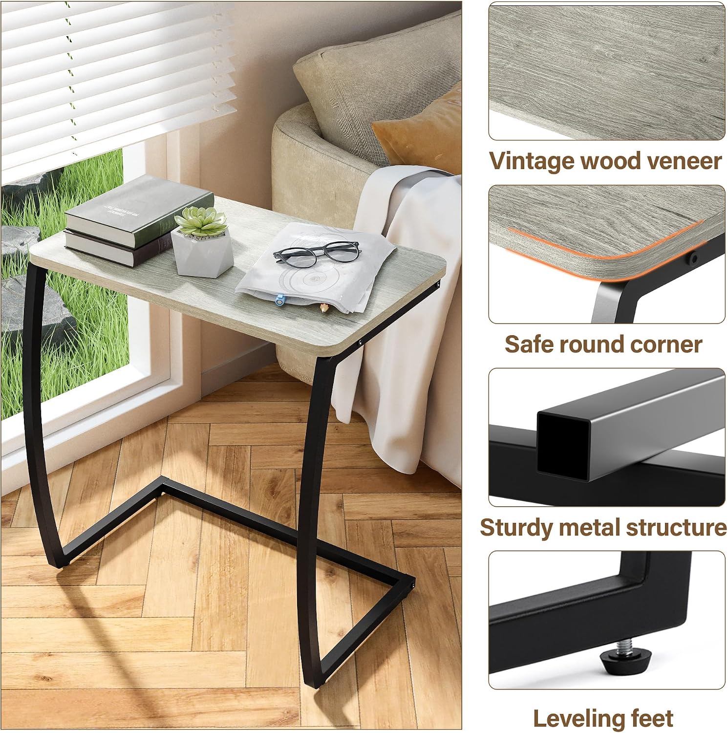 SRIWATANA Walnut C Shaped Side Table, Vintage End Table for Sofa Couch Bed