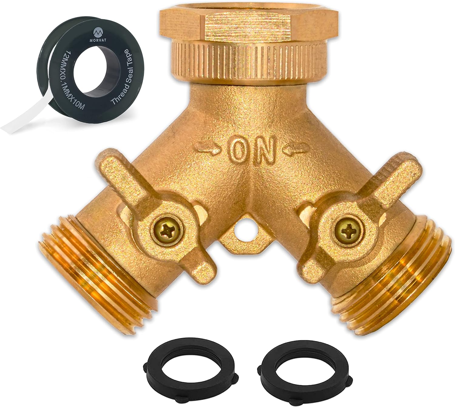 Brass Heavy-Duty Garden Hose Water Splitter | LEAD-FREE 2-Way Y Splitter for Water Spigot & Faucet | Manifold Connector ON/OFF Valves w/Improved Comfort Grip, 3 Extra Washers & Teflon Tape