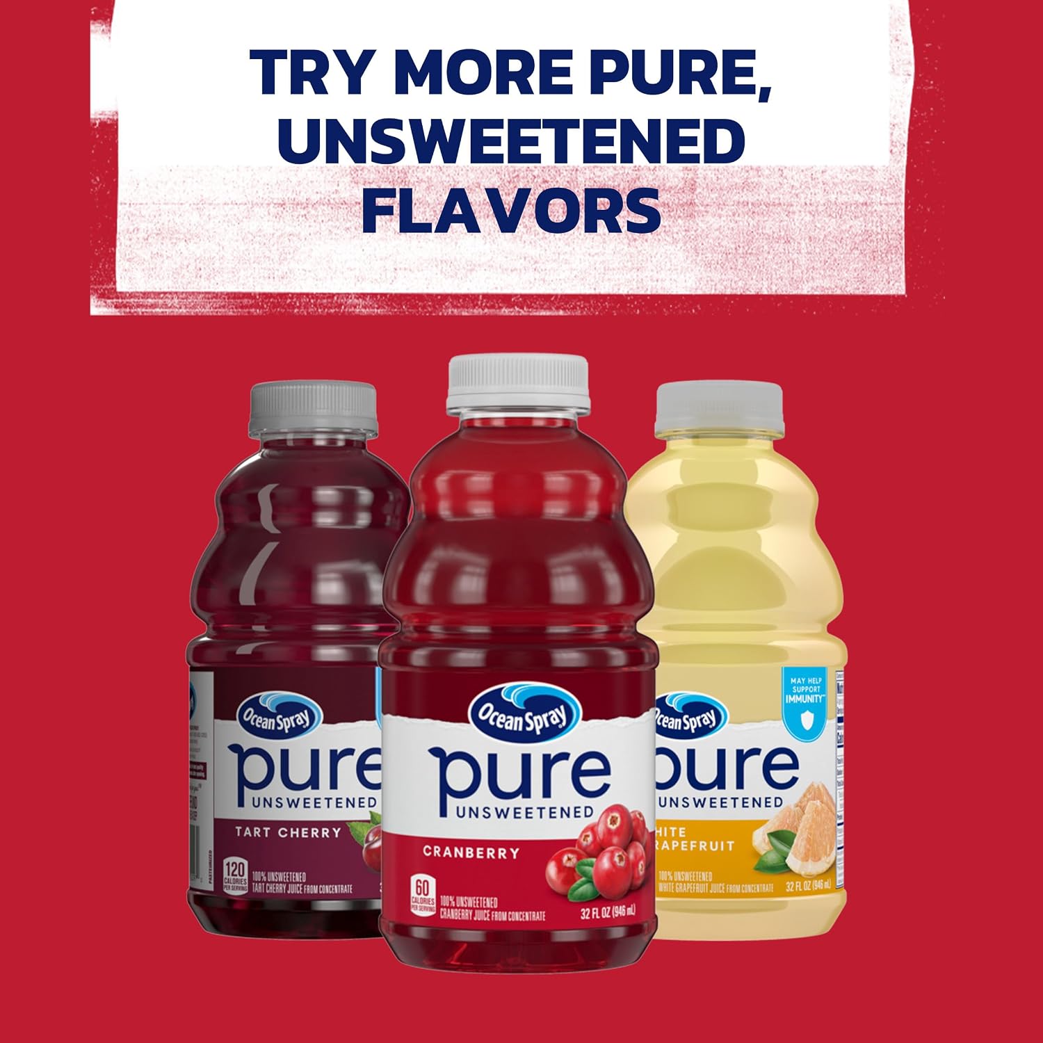 Ocean Spray® Pure Unsweetened Cranberry, 100% Cranberry Juice From Concentrate, 32 Fl Oz Bottle (Pack of 8)