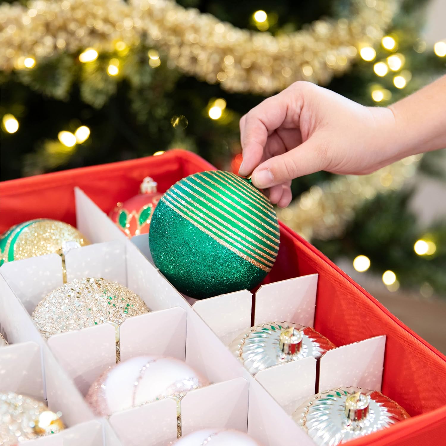 Christmas Ornament Storage Container with Dividers - Box Stores Up to 54 Ornaments, Zippered, Convenient, Adjustable