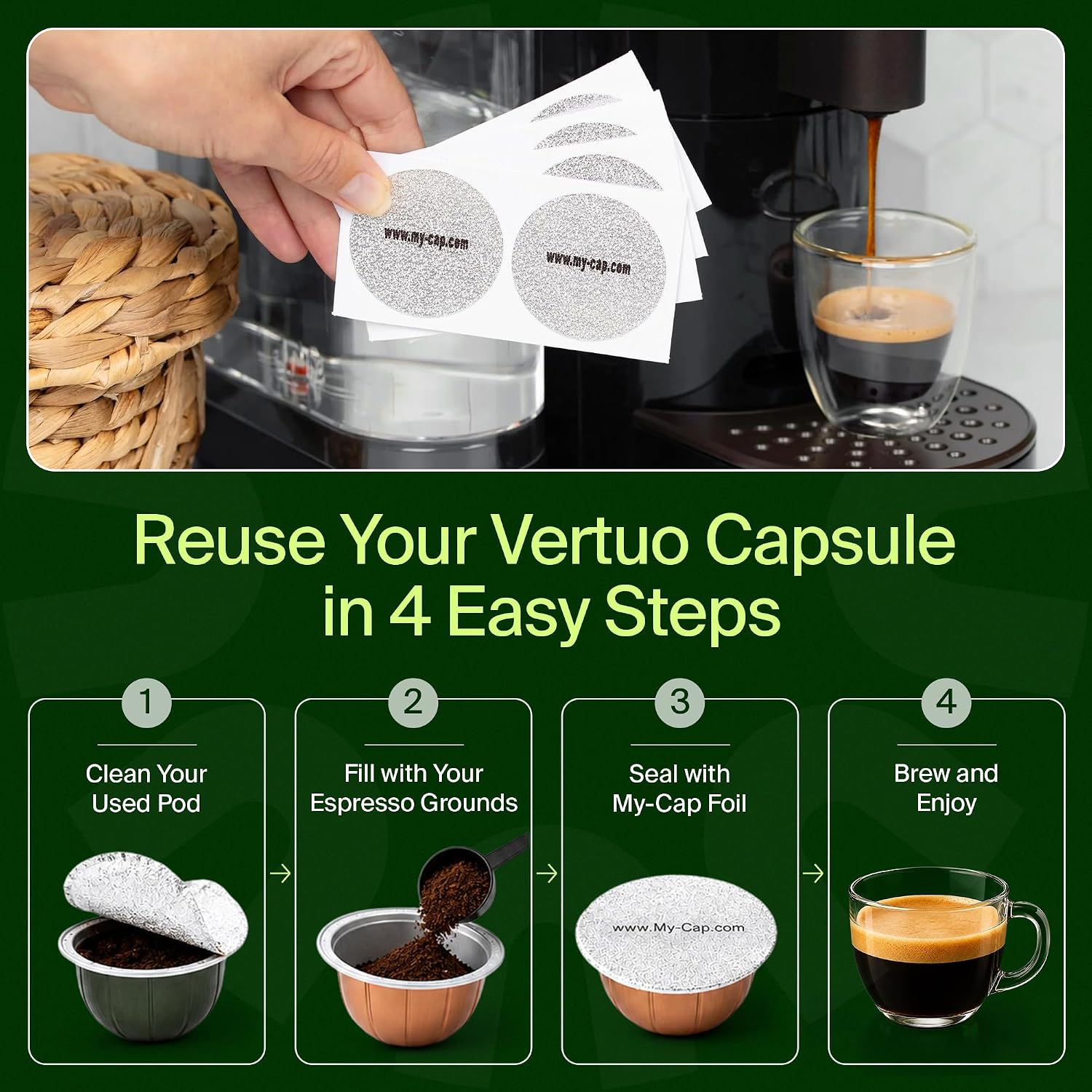 Foil Seals for Nespresso Vertuo Pods - Reusable Aluminum Lids to Extend Life of Nespresso VertuoLine Capsules (Pack of 100)