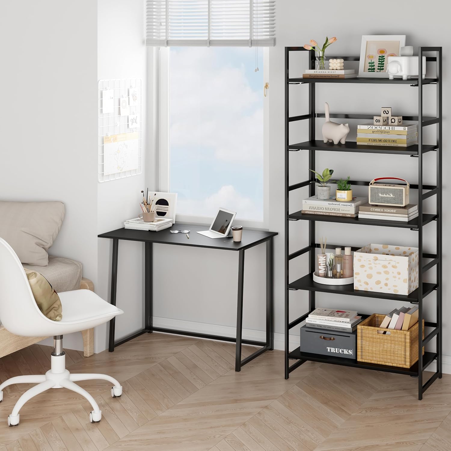 Vintage Multifunctional Folding Bookshelf, No-Assembly Plant Stand Storage Rack Shelves for Home Office (Fire, 5-Tier)