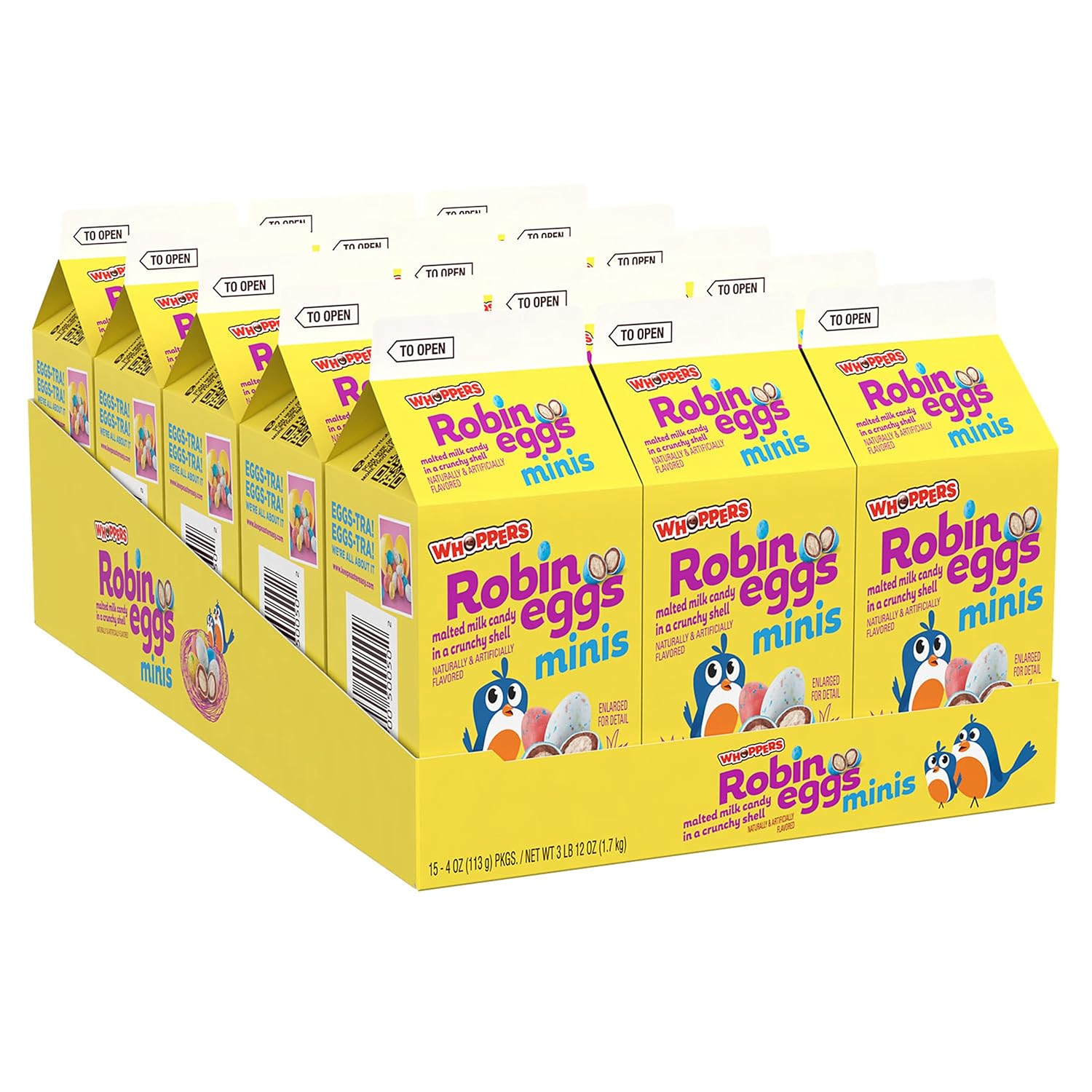 WHOPPERS Mini Robin Eggs Malted Milk Treats, Bulk, Easter Candy, 4 oz Cartons (15 Count)