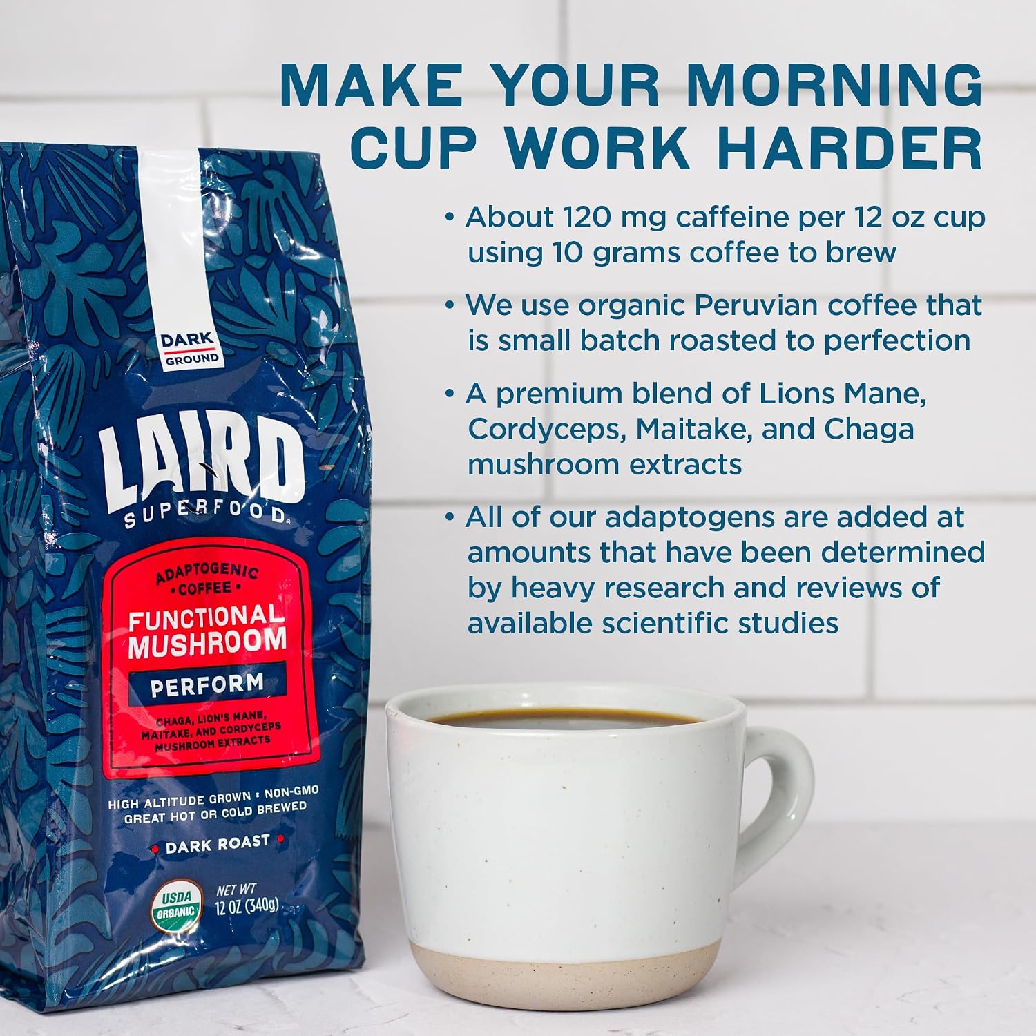 Laird Superfood Peruvian Dark Roast Coffee with Functional Mushrooms, Certified Organic Peruvian Ground Coffee Beans, Gluten-Free, Dairy-Free, Non-GMO