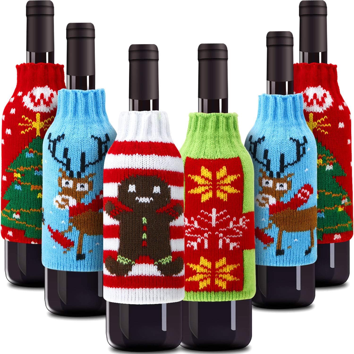 Boao 6 Sets Christmas Wine Bottle Cover and Hats Decoration Handmade Ugly Sweater Knit Wine Bottle Dress Santa Reindeer Snowman for Christmas