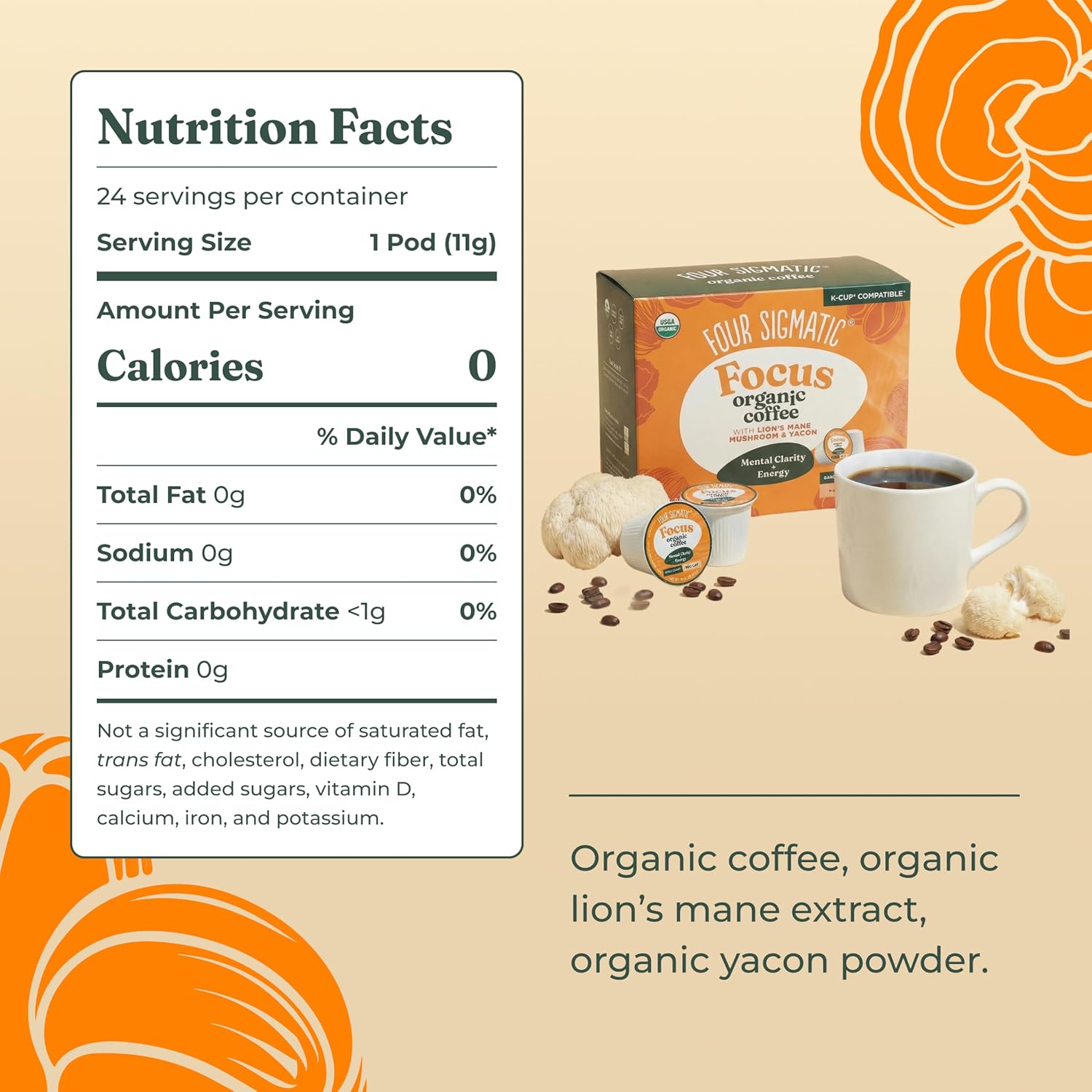 Four Sigmatic Mushroom Coffee K-Cups | Organic Dark Roast Coffee with Lion’s Mane Mushroom Powder & Yacon | Focus & Immune Support | Vegan & Keto