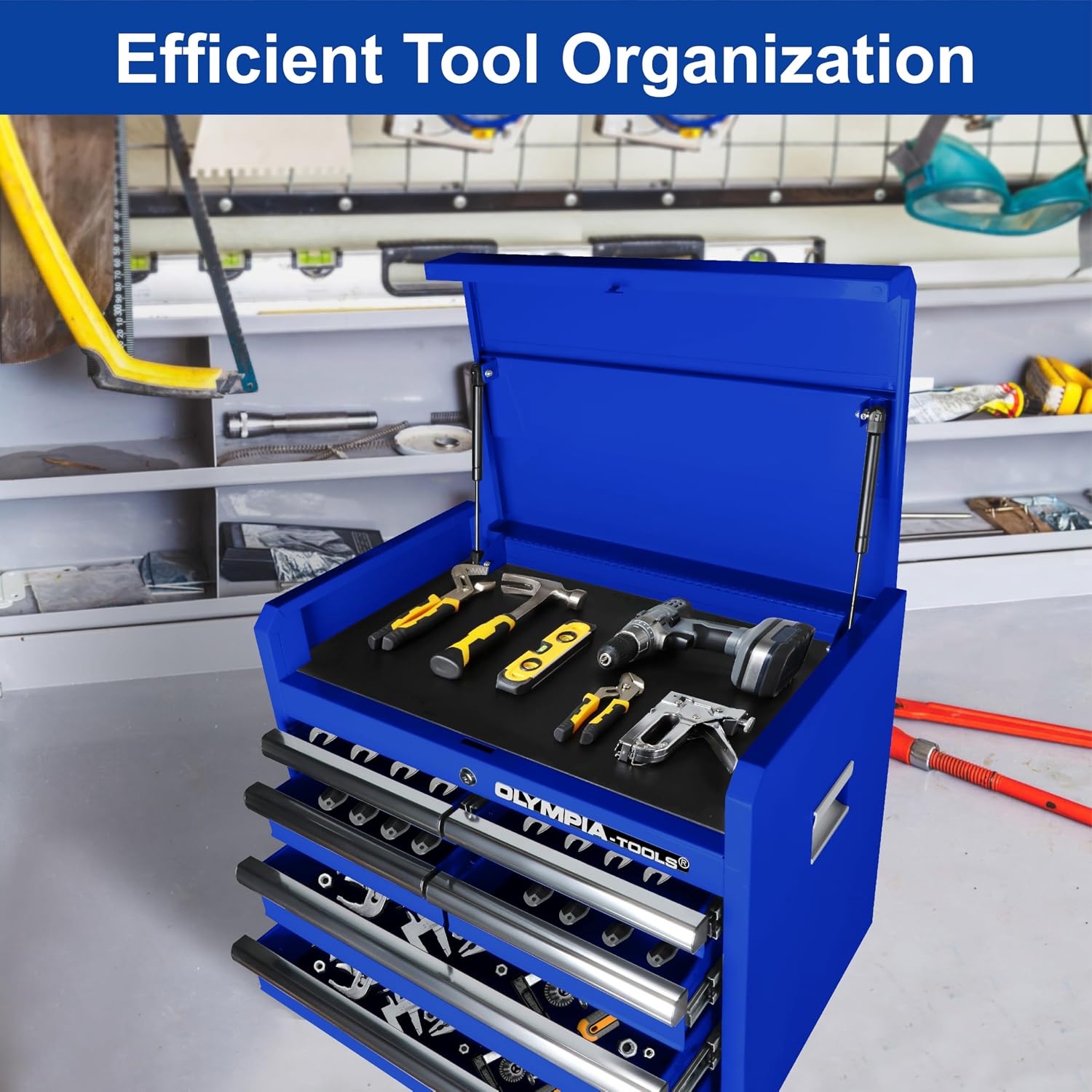 Olympia Tools 72 inch Heavy Duty Mobile Tool Chest Tool Box, with Solid Wood Top Workbench, 15-Drawer Rolling Tool Chest, Tool Storage Organizer for Garage, Workshop, and Home, Black