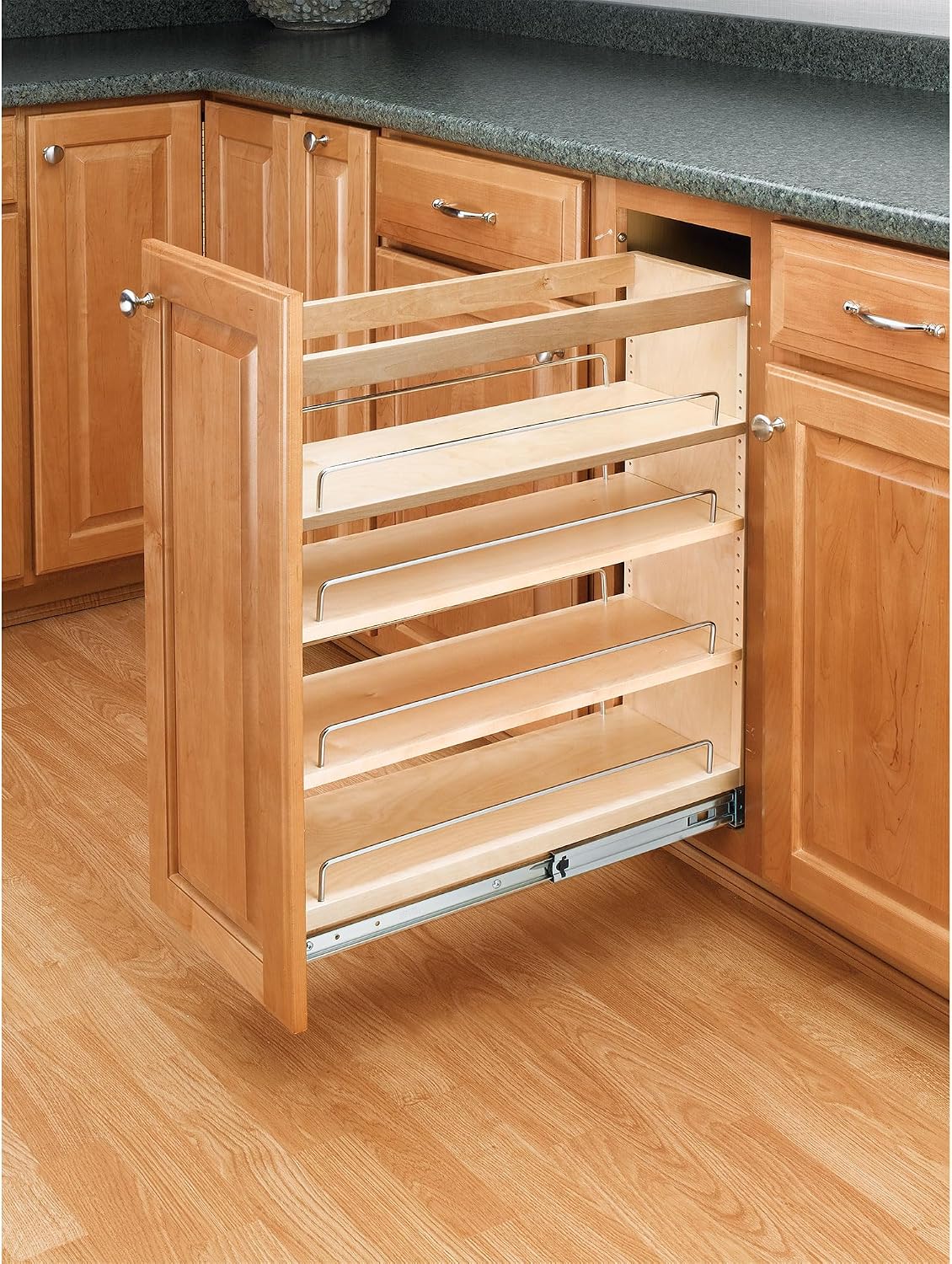 Rev-A-Shelf Pullout Kitchen Cabinet Organizer, Min Cabinet Opening 8.5" W | 8" W Slide Out Pantry Spice or Utensil Storage Rack with Adjustable Shelves for Base Cabinet Organization, 448-BC-8C