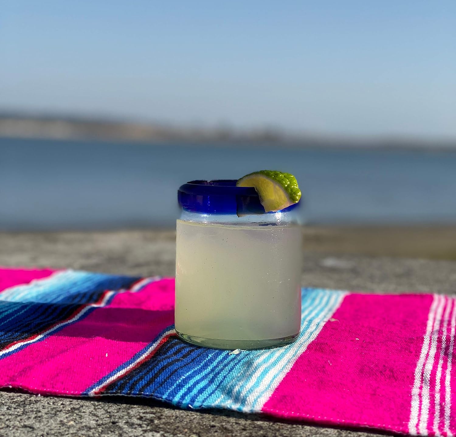 Hand Blown Mexican Drinking Glasses - Set of 6 Tumbler Glasses with Cobalt Blue Rims (10 oz each)