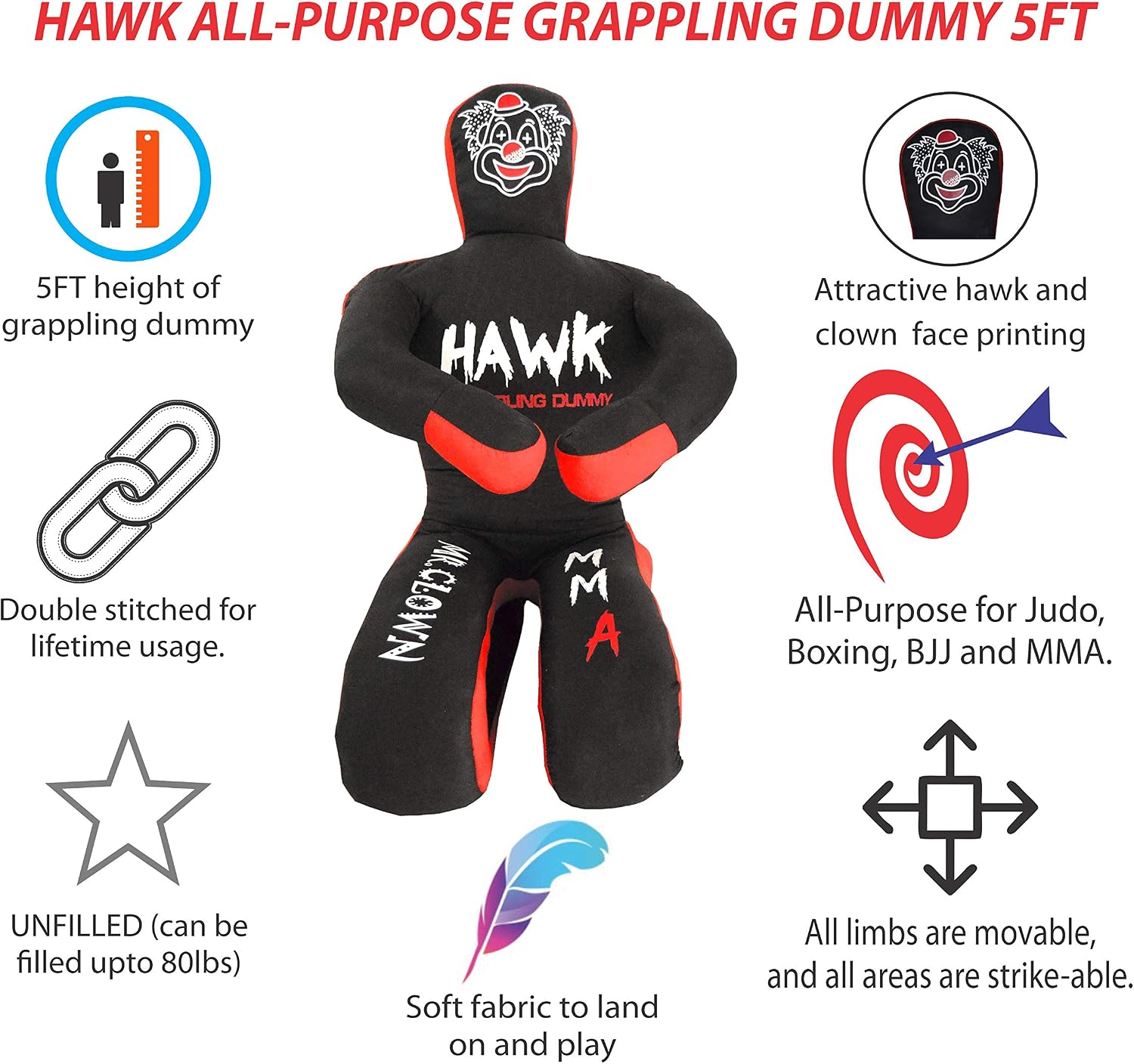 Hawk Sports Clown Grappling Dummy for Combat Sports Mastery, Moveable and Strikeable Punching Dummy for Adults, 5 ft. Boxing Dummy for MMA Jiu-Jitsu