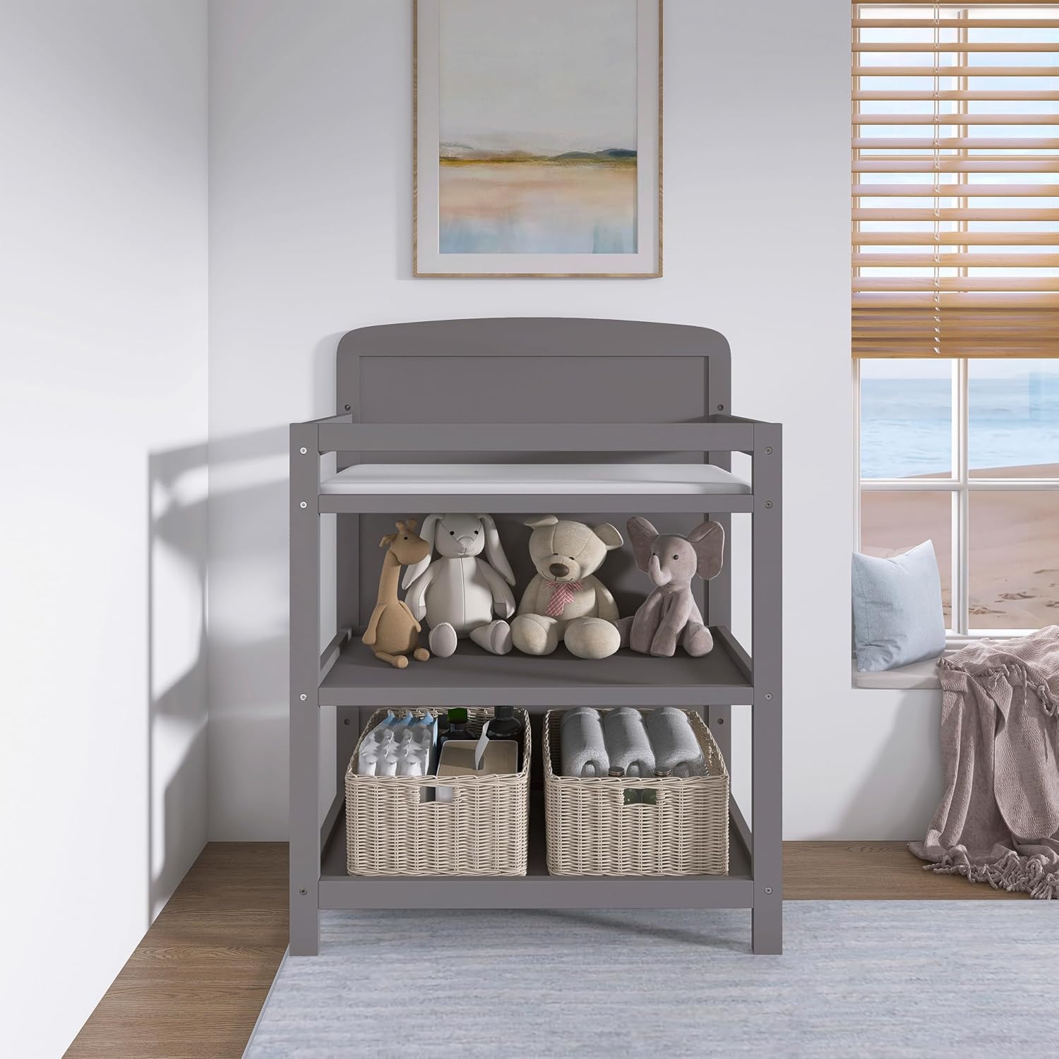 Dream On Me Anna 3-in-1 Convertible Full-Size Baby Crib & Changer with Storage in Steel Grey, GreenGuard Gold & BSA, Pinewood