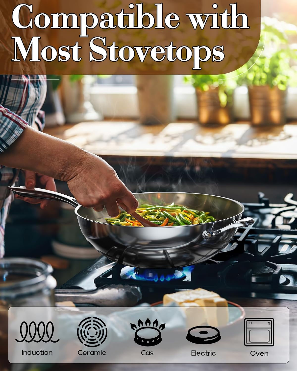 Cooks Standard Multi-Ply Clad 12 Inch Stainless Steel Wok Pan, Stir Fry Pan with Glass Lid, Induction Cookware, Dishwasher & Oven Safe, Compatible with All Cooktops