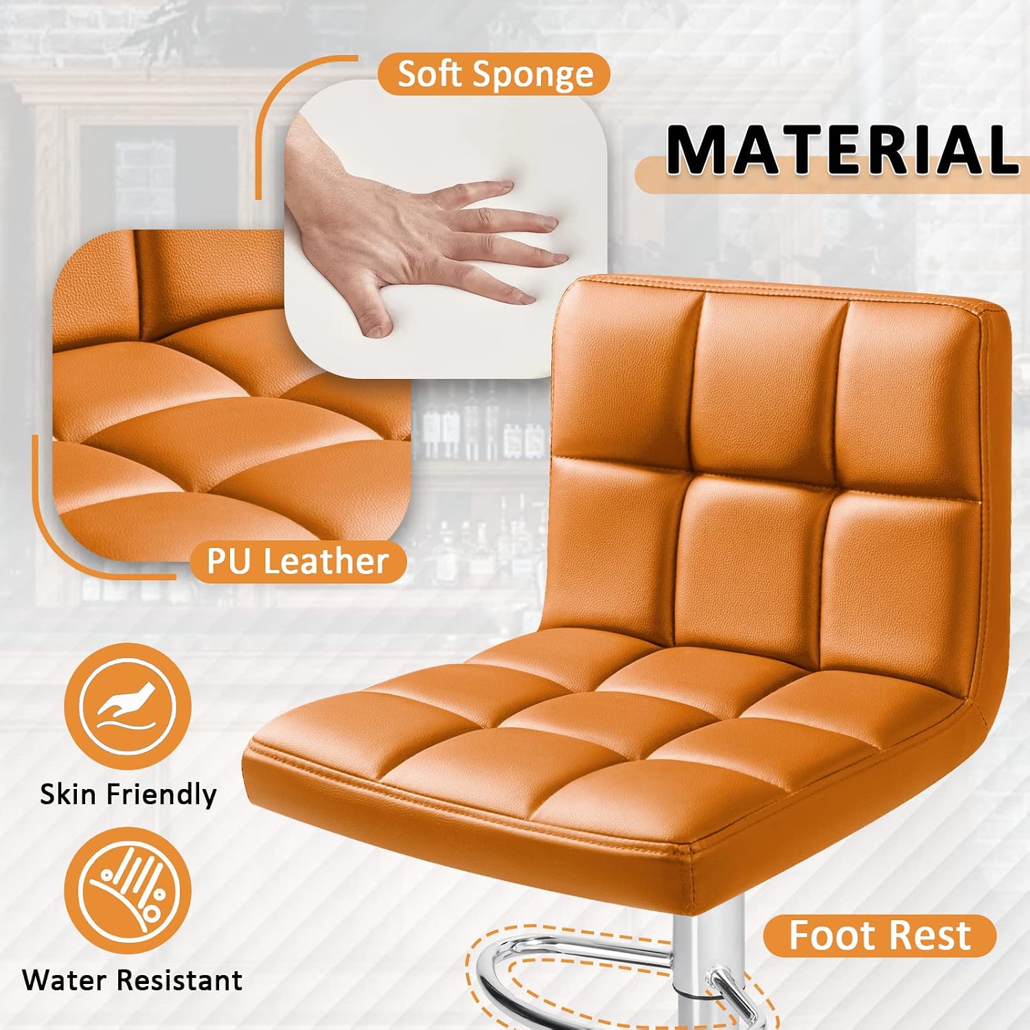 Homall Bar Stools Modern PU Leather Adjustable Swivel Barstools, Armless Hydraulic Kitchen Counter Bar Stool Extra Height Square Island Barstool with Back Set of 2 (Leather, White)