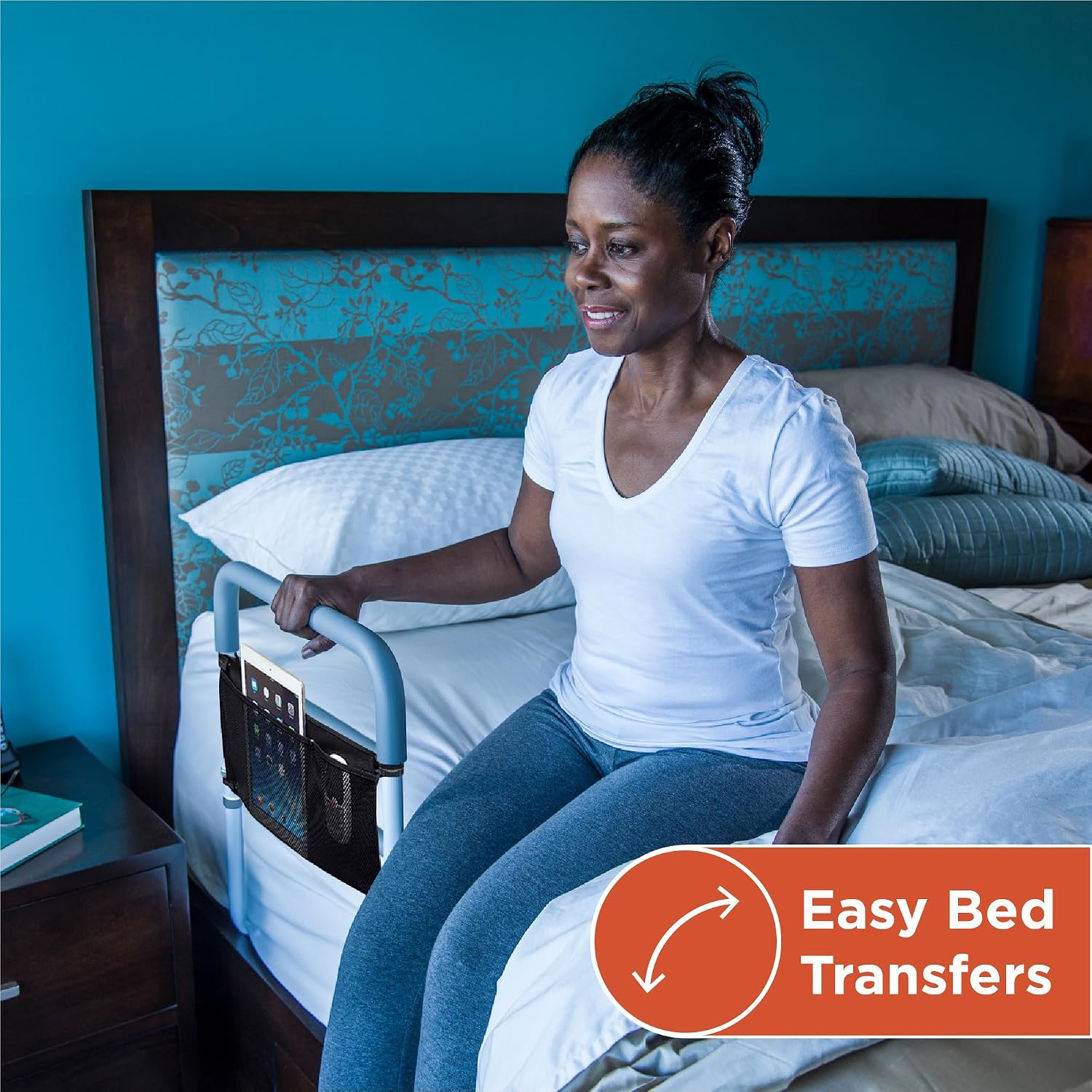 Healthcraft Assista-Rail Fixed Bed Rail with Organizer, ASTM Certified | Multiple padded grab bars plus bedside organizer, 300 lb capacity