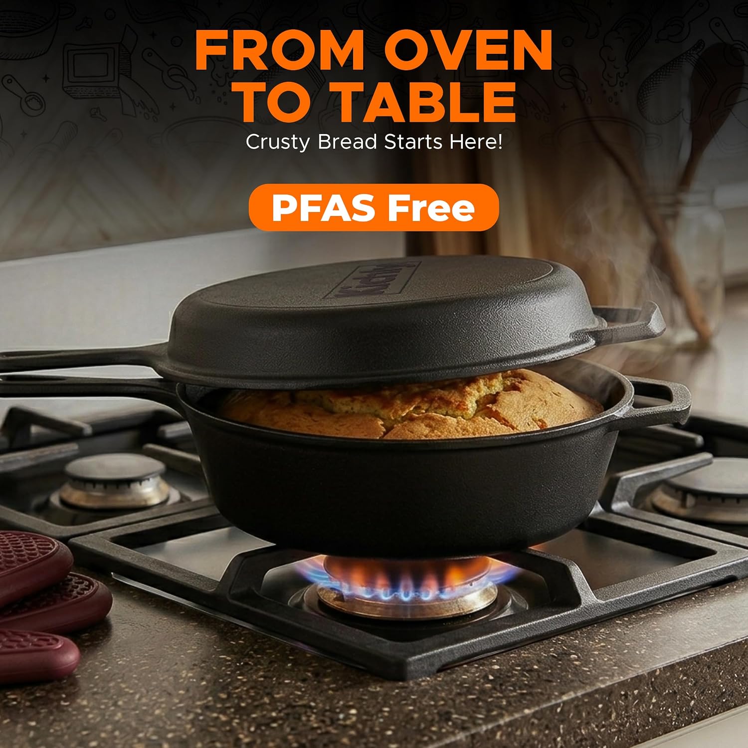 KICHLY Combo Cooker Cast Iron Dutch Oven with Lid 2 in1, PFAS Free Pre-seasoned Multi Cookware Skillet