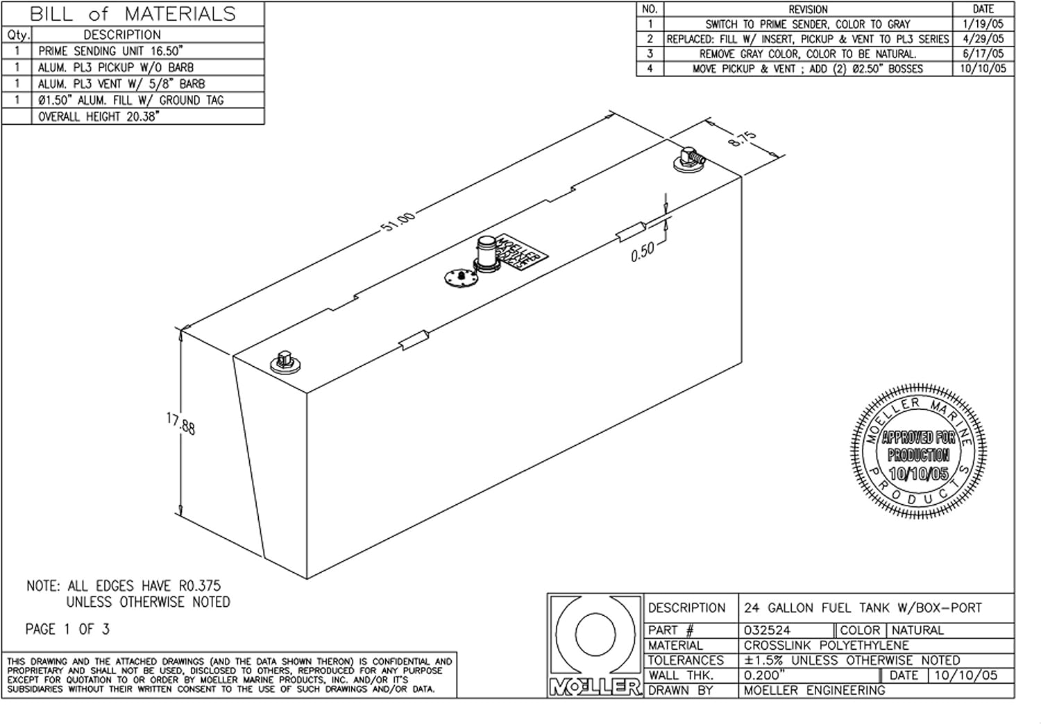 Moeller Marine Below Deck Permanent Fuel Tank with Port Side Withdraw (24-Gallon, 51" x 8.75" x 5.25" x 17.88")