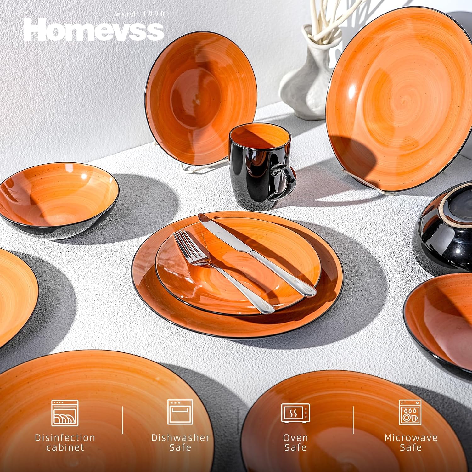 HomeVss, Sonoma Stoneware Dinnerware Set, Outside Black + Inside Hand Painting Color (16pc Set, Grey)