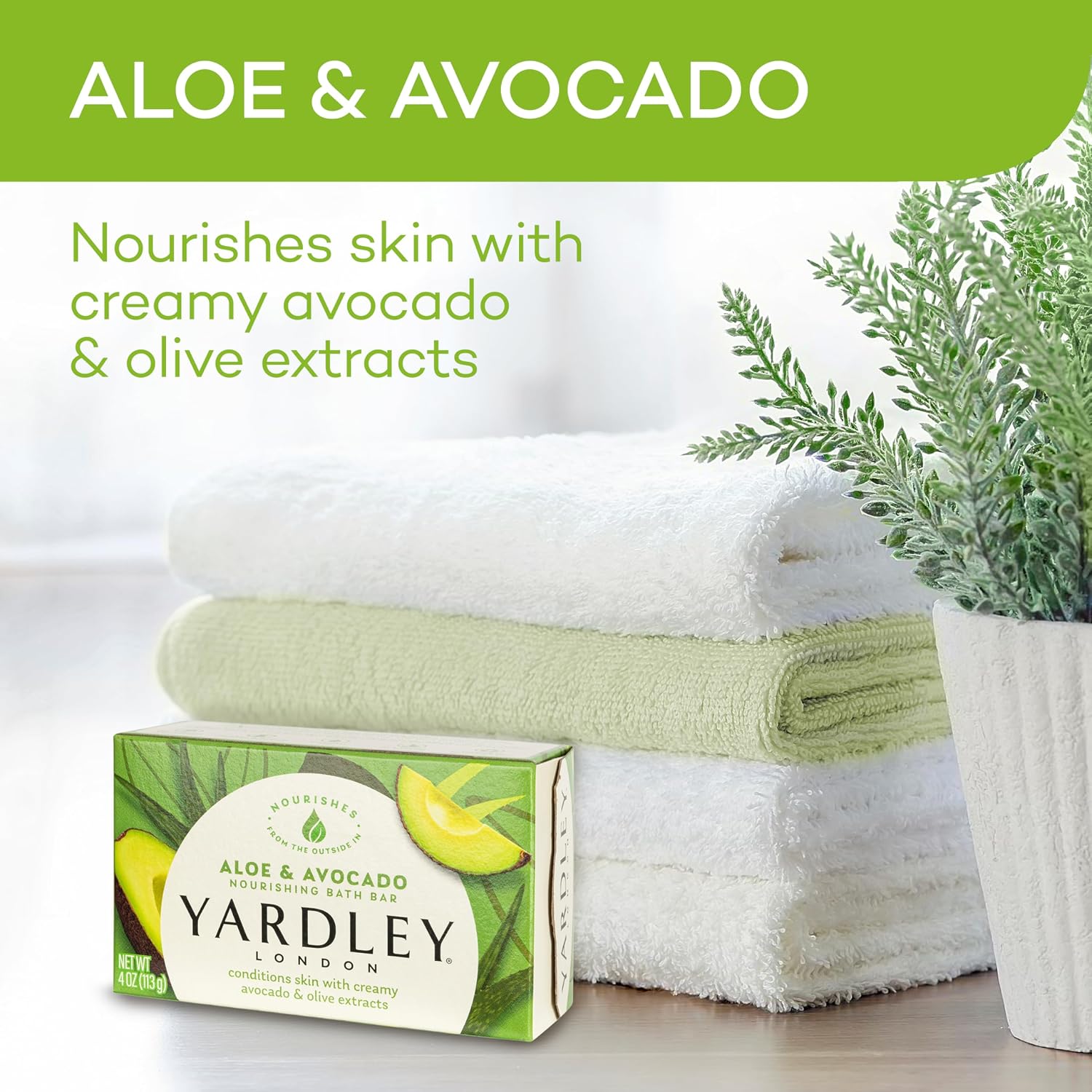 Yardley London Nourishing Bath Soap Bar Aloe & Avocado, Conditions Skin with Creamy Avocado & Olive Extracts, 4.0 oz Bath Bar, 1 Soap Bar