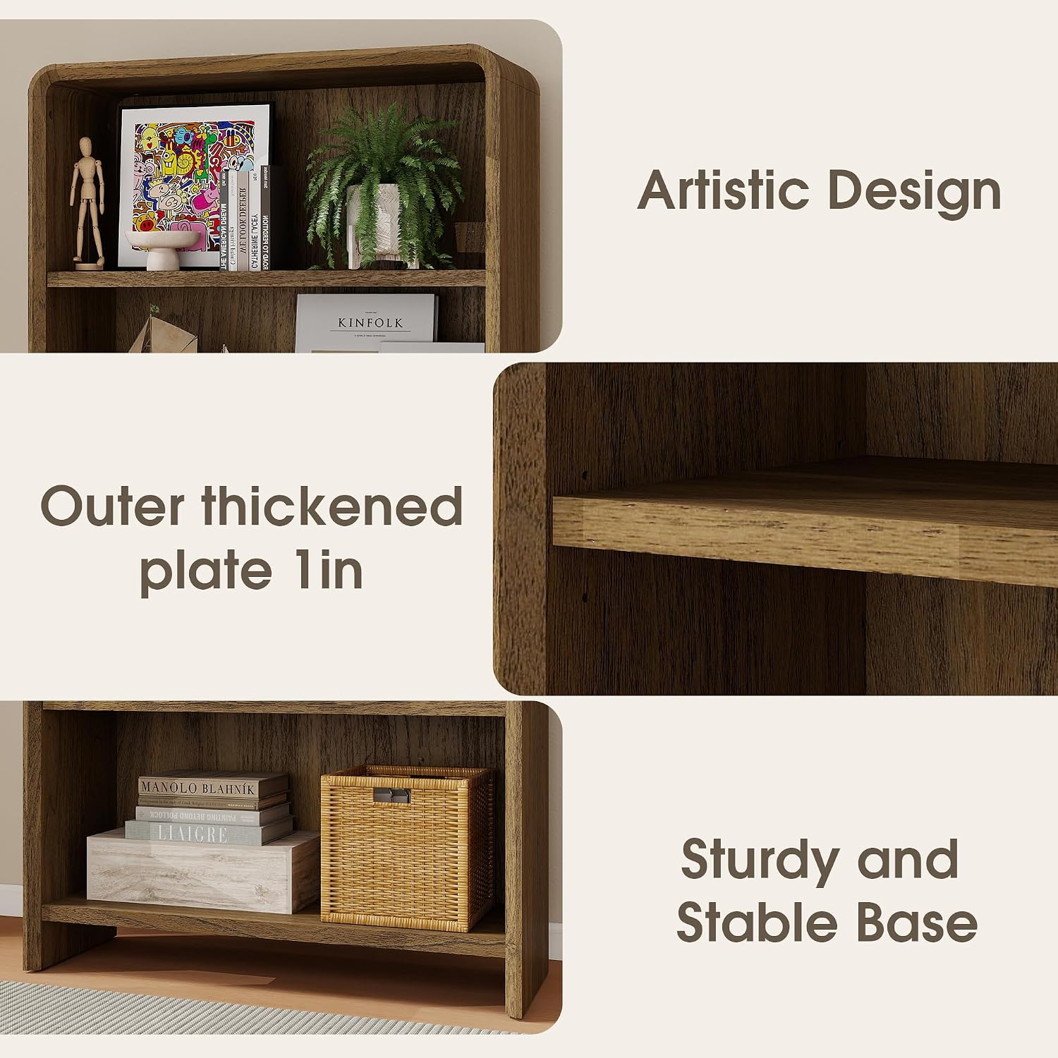 Bevfint 44" Bookcase Tall 3 Shelves Wood Bookshelf with Curved Soft Edges, Heavy Duty Storage Cabinet for Professional Home Office and Living Room, Modern Natural Oak Grain Finish