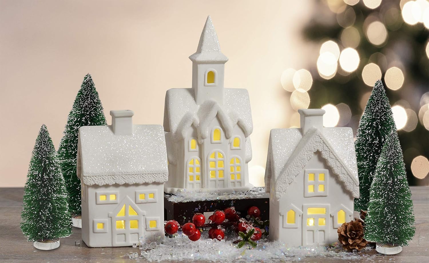 Mark Feldstein & Associates Village with Trees White Unglazed Porcelain Christmas Figurines, 7 Piece Set, 5 Inch