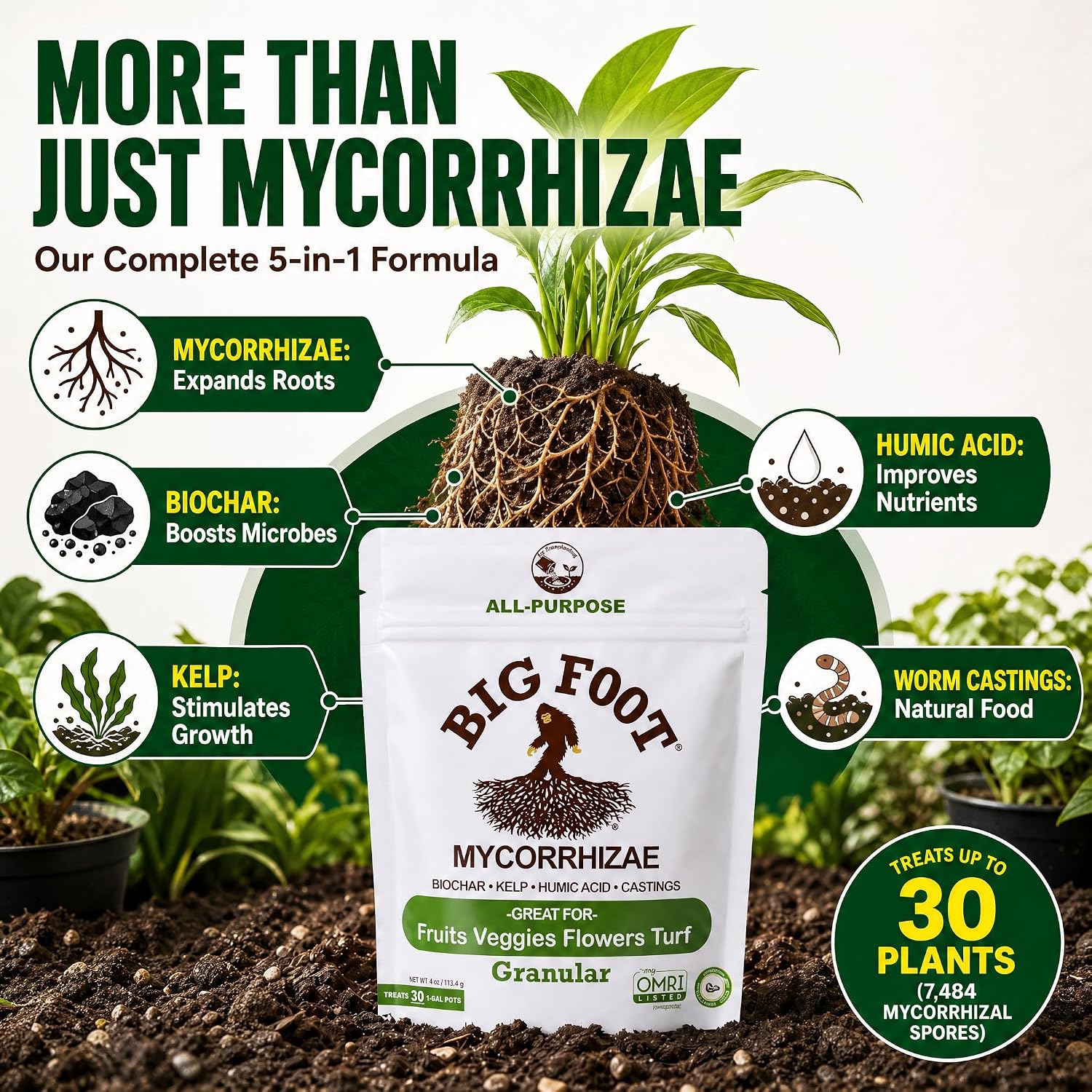 Big Foot Mycorrhizae - Double Your Plant Size, Easy to Use, Made in USA, Treats 30 Plants (7,500 Mycorrhizal Spores) Fertilizer, 4 Ounce Package (4 oz)