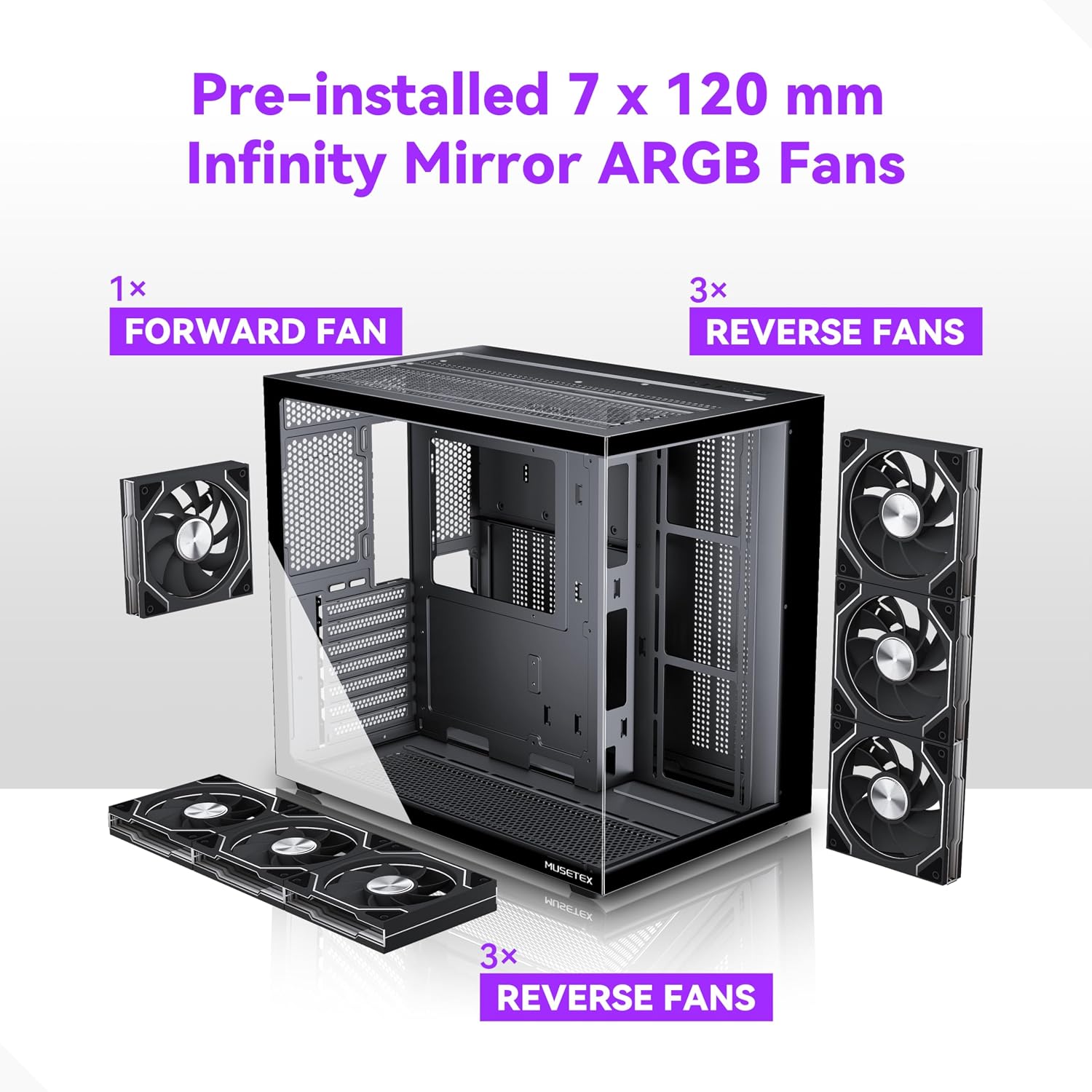 MUSETEX Y6 PC Case, Pre-Installed 7 Infinity Mirror PWM ARGB Fans, ATX Mid Tower Computer Case, Gaming PC Case with Type-C, 270° Full View Tempered Glass, Black