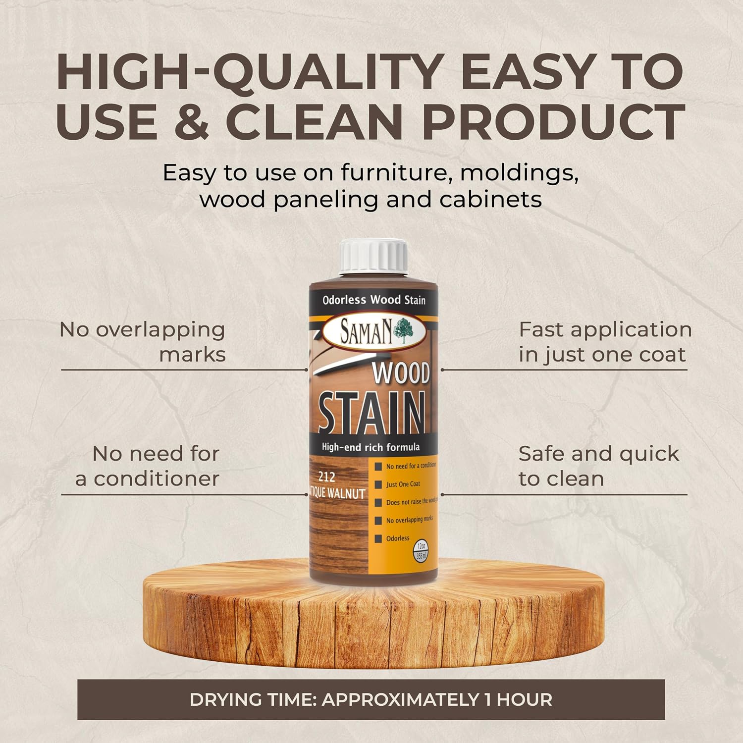 SamaN Interior Water Based Wood Stain - Natural Stain for Furniture, Moldings, Wood Paneling, Cabinets (Antique Walnut TEW-212-12, 12 oz)